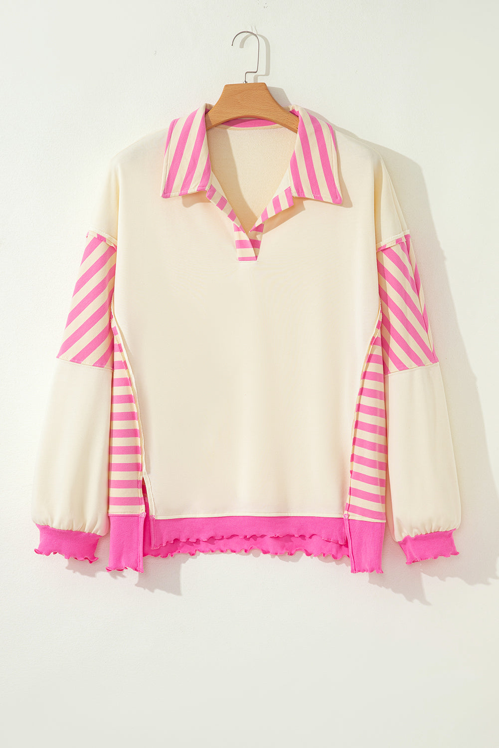 Pink Stripe Contrast Polo Collar Drop Shoulder Patchwork Plus Size Pullover-Plus Size/Plus Size Sweatshirts & Hoodies-[Adult]-[Female]-2022 Online Blue Zone Planet