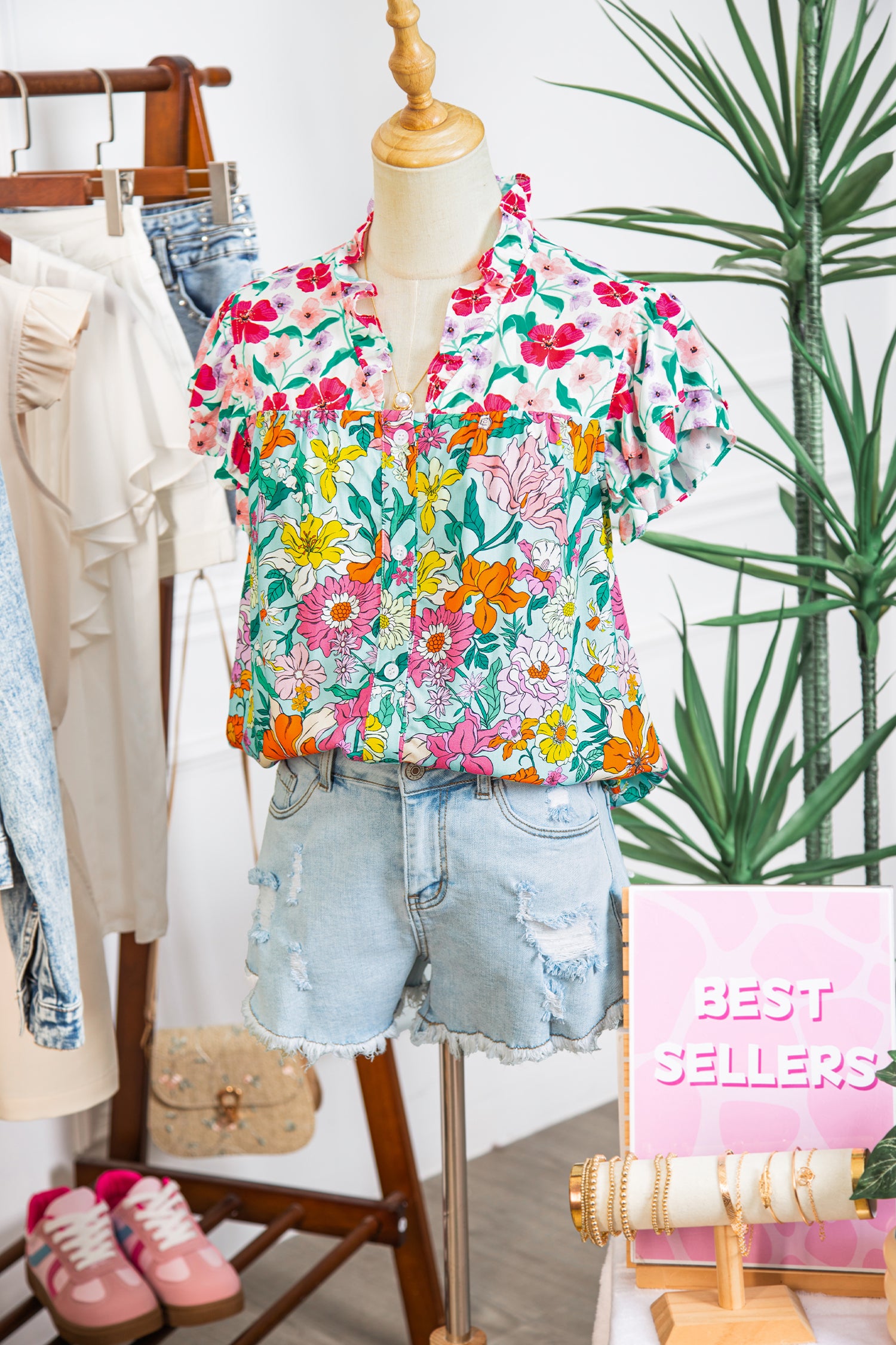 Sky Blue Floral Print Split Neck Button Front Flutter Sleeve Blouse-Tops/Blouses & Shirts-[Adult]-[Female]-2022 Online Blue Zone Planet