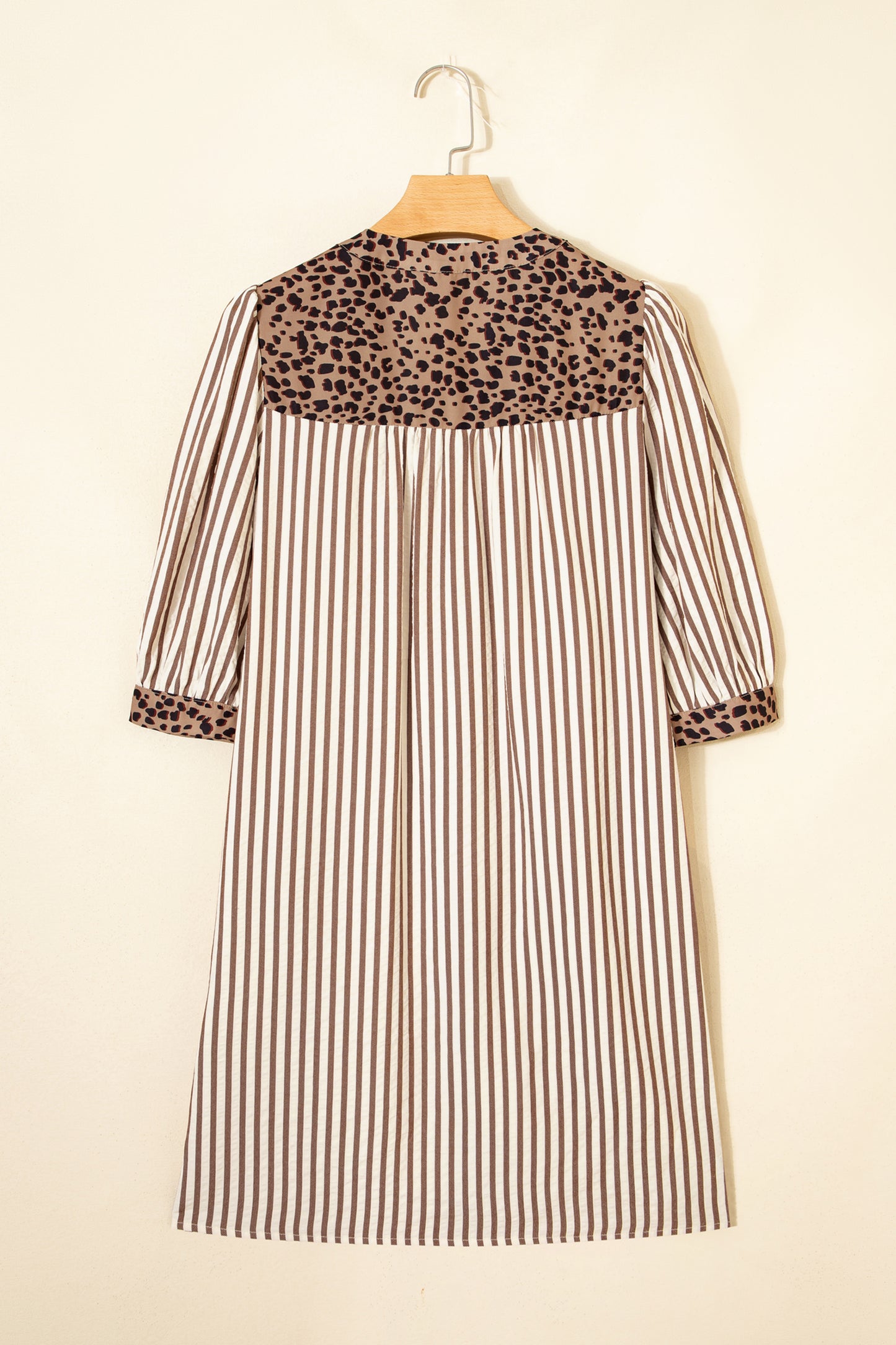 Khaki Stripe Square Button Leopard Trim Loose Bracelet Sleeve Shirt Dress-TOPS / DRESSES-[Adult]-[Female]-2022 Online Blue Zone Planet