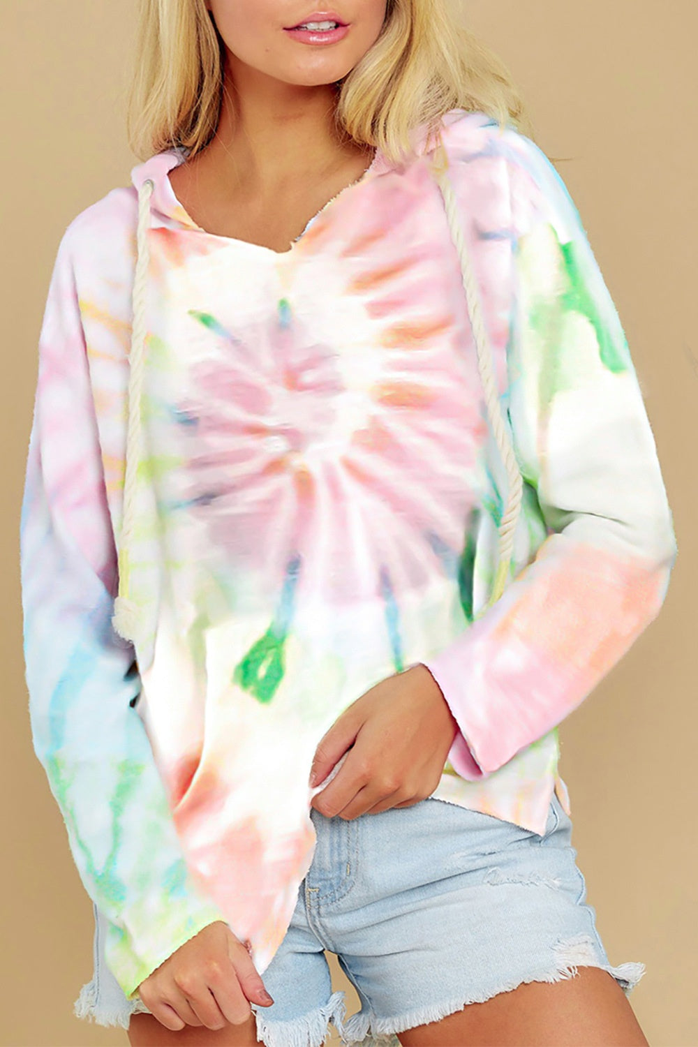 Drawstring Tie-Dye Long Sleeve Hoodie-HOODIES-[Adult]-[Female]-Light Green-S-2022 Online Blue Zone Planet