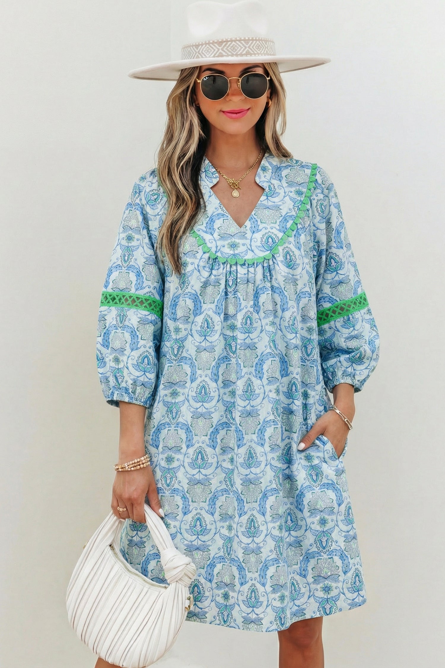 Sky Blue Boho Paisley Print Contrasted Patchwork Detail Bracelet Sleeve Loose Mini Dress-Bracelet-[Adult]-[Female]-2022 Online Blue Zone Planet