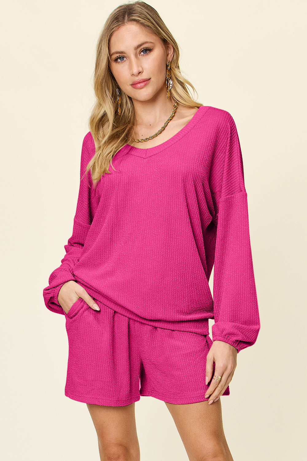 Blue Zone Planet | Double Take Full Size Texture V-Neck Long Sleeve T-Shirt and Shorts Set-TOPS / DRESSES-[Adult]-[Female]-Hot Pink-S-2022 Online Blue Zone Planet