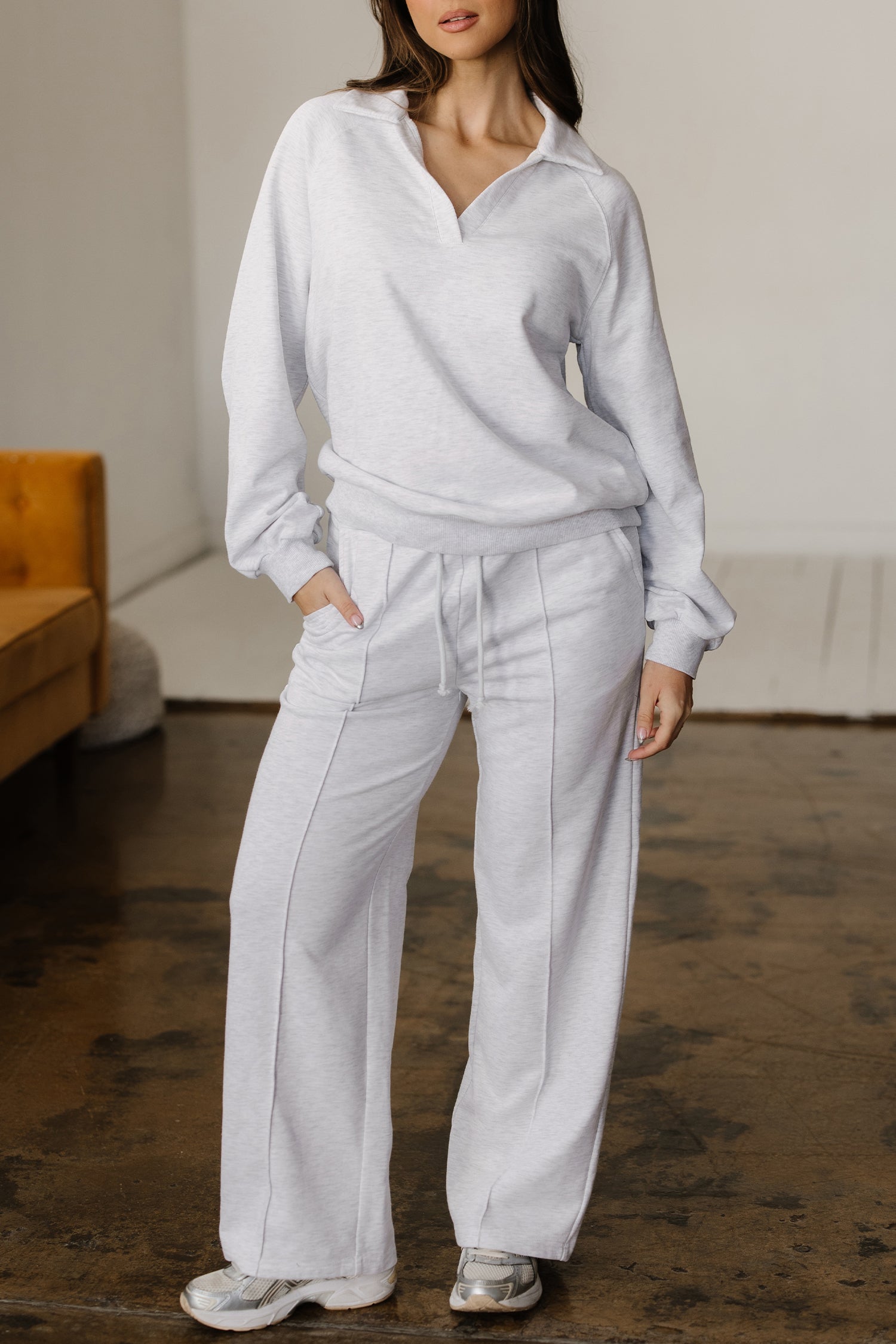 Dark Khaki Polo Collar V Neck Pullover and Drawstring Sweatpants Set-Two Piece Sets/Pant Sets-[Adult]-[Female]-2022 Online Blue Zone Planet