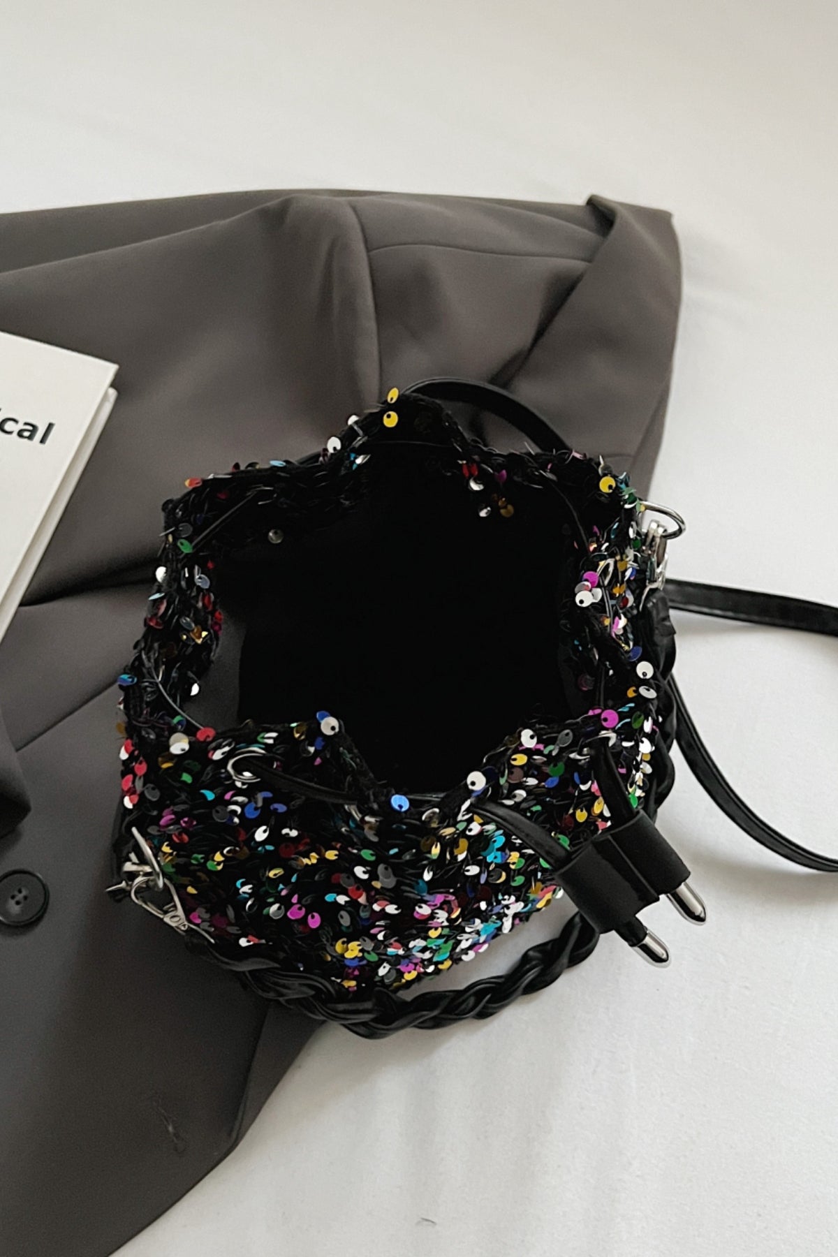 Sequin Drawstring Bucket Bag-HANDBAGS-[Adult]-[Female]-2022 Online Blue Zone Planet