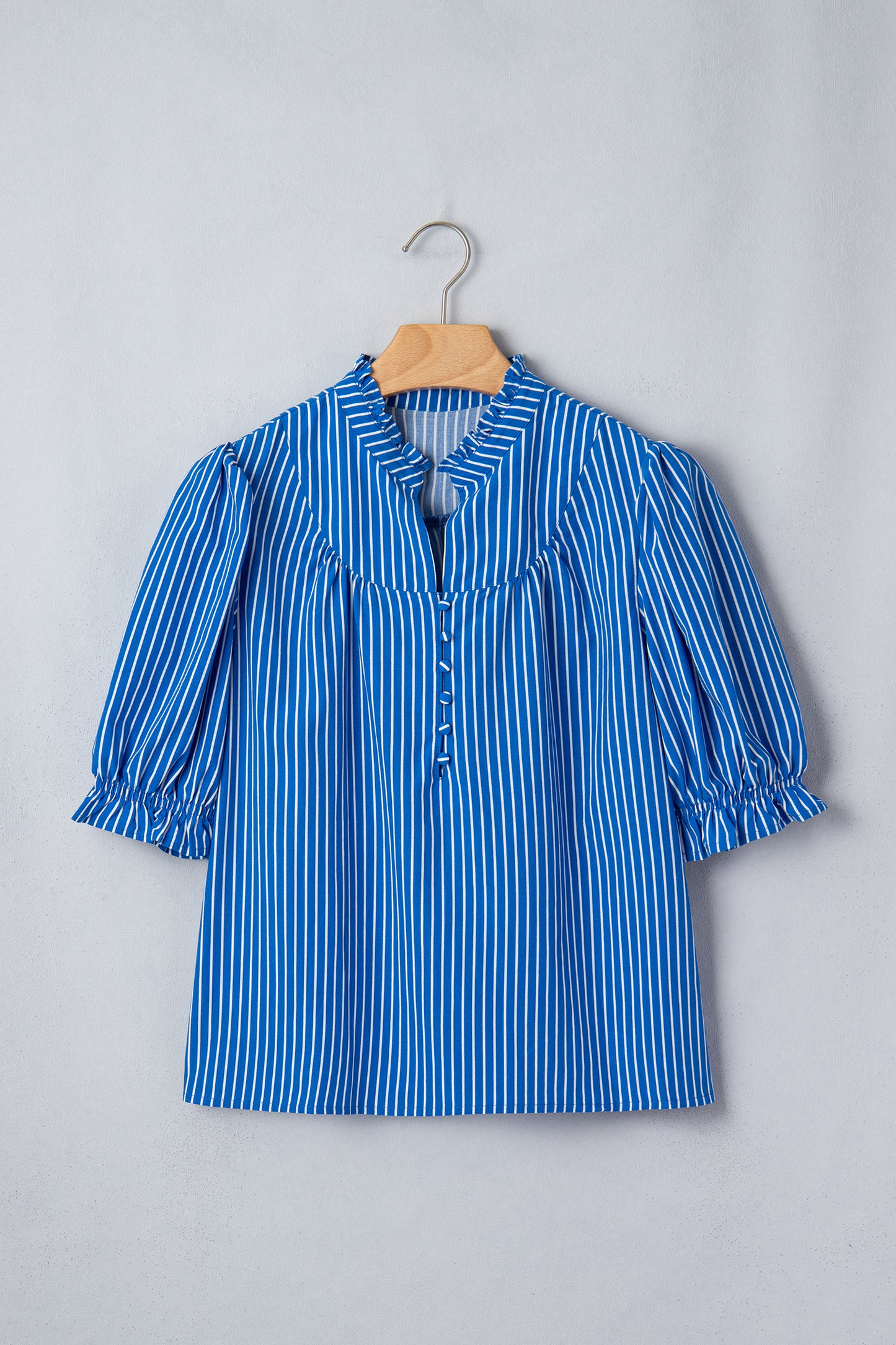 Blue Stripe Ruffled Short Puff Sleeve Button Front Blouse-Tops/Blouses & Shirts-[Adult]-[Female]-2022 Online Blue Zone Planet