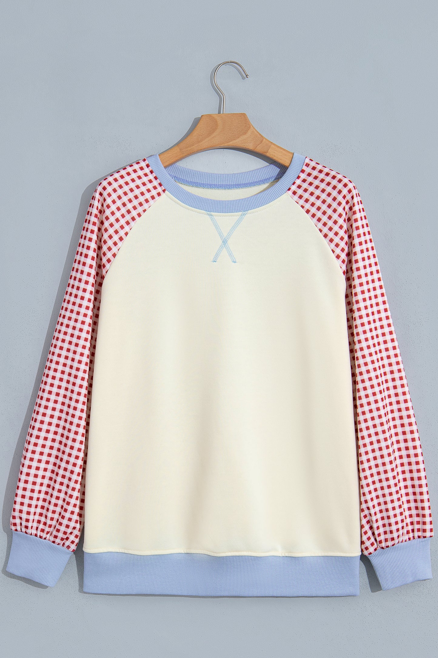 Beige Plaid Sleeve Colorblock Raglan Pullover Sweatshirt-Tops/Sweatshirts & Hoodies-[Adult]-[Female]-2022 Online Blue Zone Planet