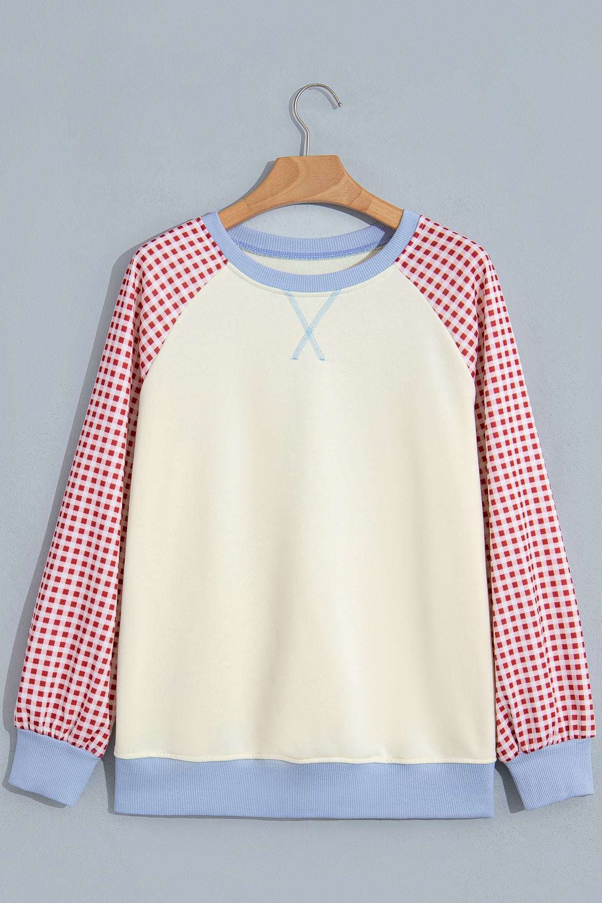 Beige Plaid Sleeve Colorblock Raglan Pullover Sweatshirt-Tops/Sweatshirts & Hoodies-[Adult]-[Female]-2022 Online Blue Zone Planet