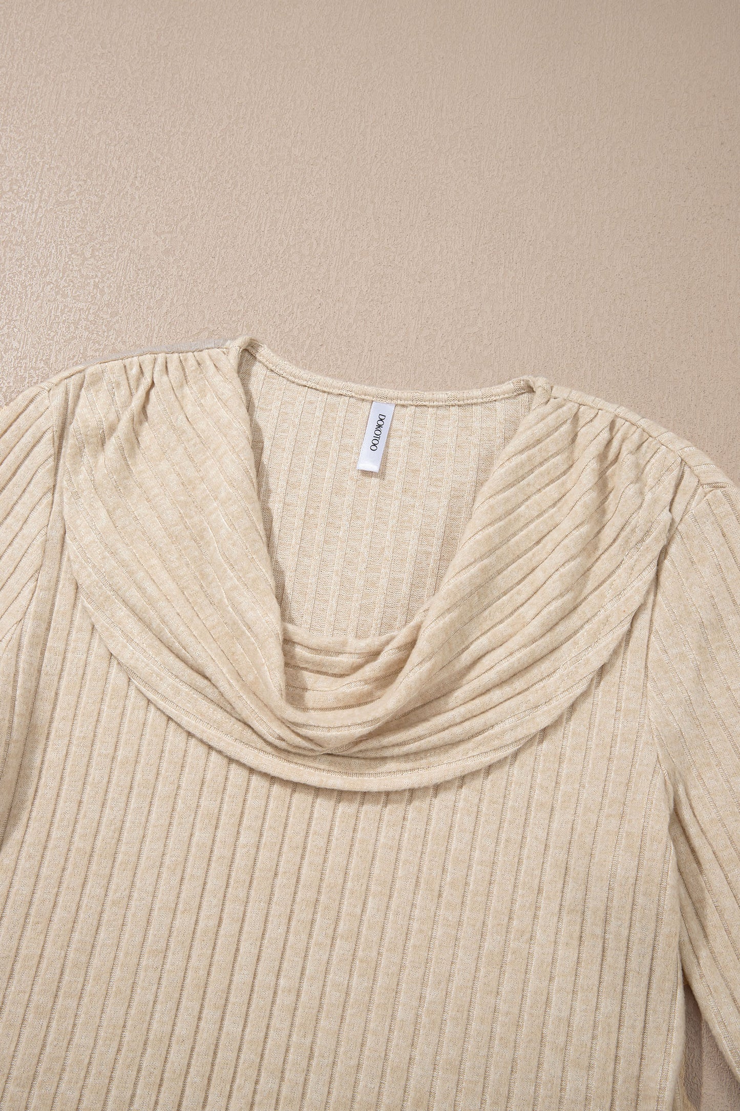 Apricot Solid Color Ribbed Knit Cowl Neck Long Sleeve Top-Tops/Long Sleeve Tops-[Adult]-[Female]-2022 Online Blue Zone Planet