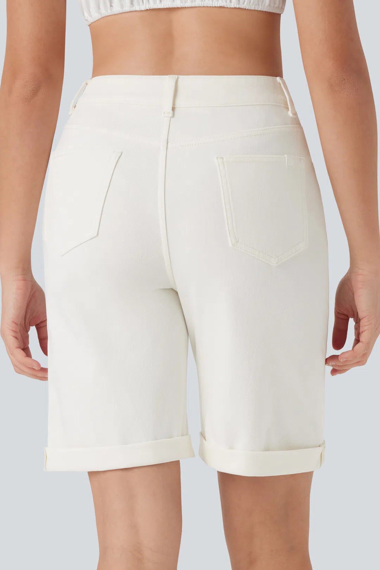 White Solid Color Rolled Cuffs Denim Bermuda Shorts-Bottoms/Denim Shorts-[Adult]-[Female]-2022 Online Blue Zone Planet