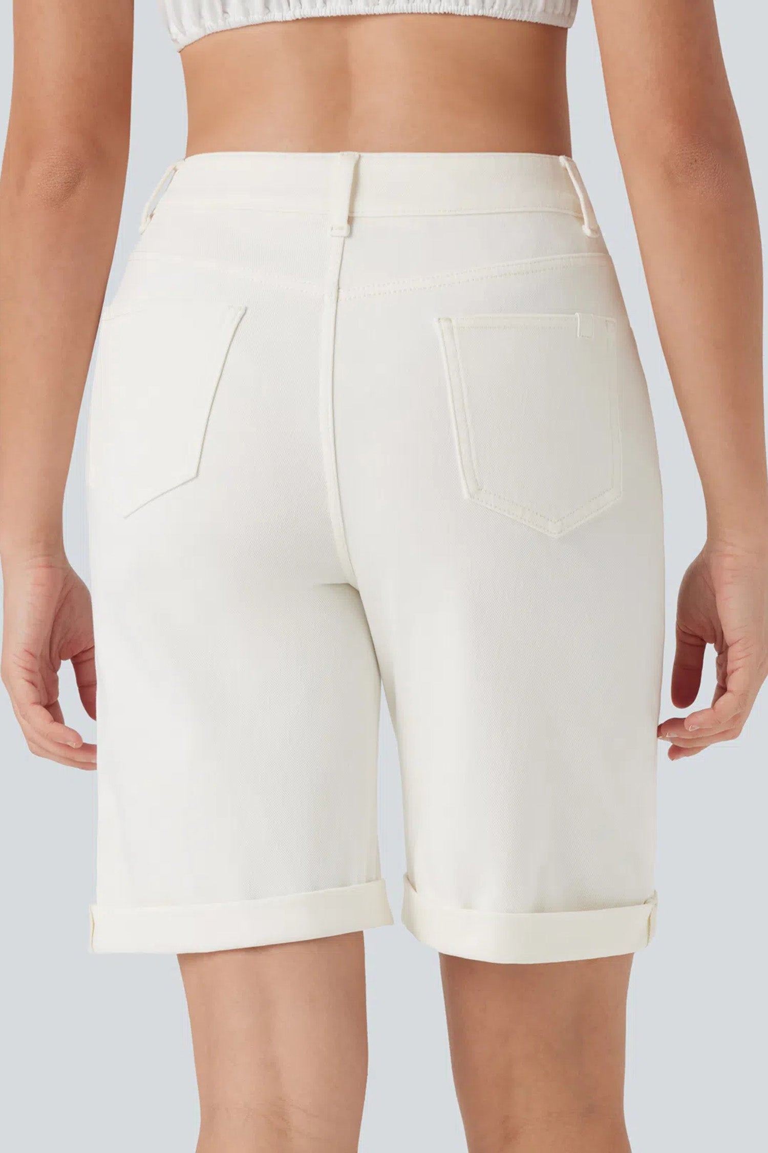 White Solid Color Rolled Cuffs Denim Bermuda Shorts-Bottoms/Denim Shorts-[Adult]-[Female]-2022 Online Blue Zone Planet