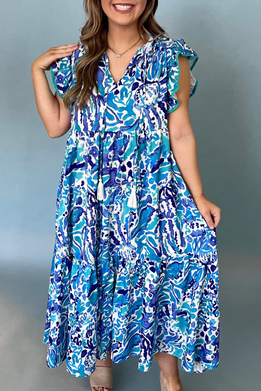 Blue Zone Planet |  Sky Blue Plus Abstract Print Split Neck Ruffled Sleeve Tiered Long Dress
