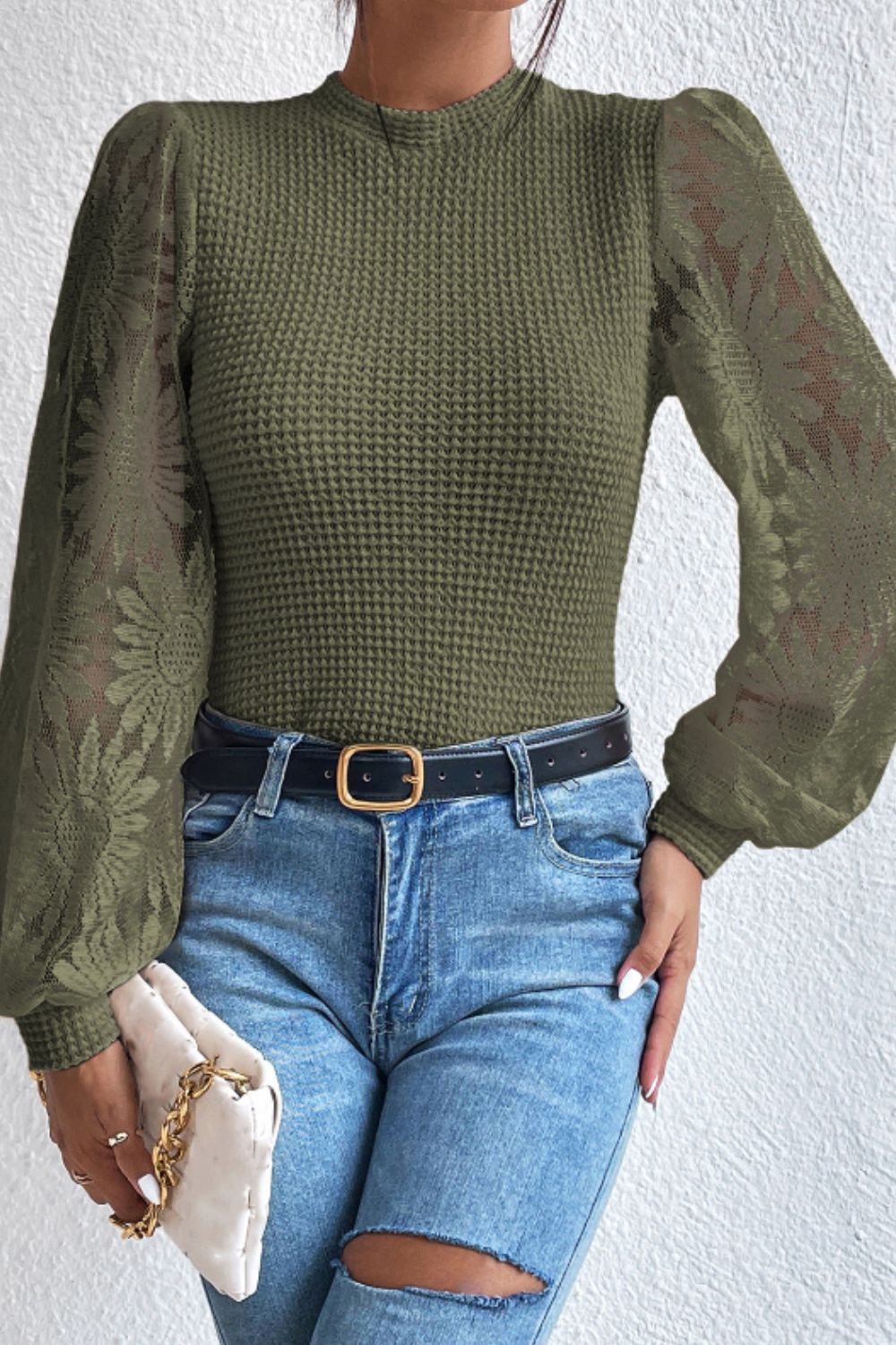 Mock Neck Lace Long Sleeve Top-TOPS / DRESSES-[Adult]-[Female]-Army Green-S-2022 Online Blue Zone Planet