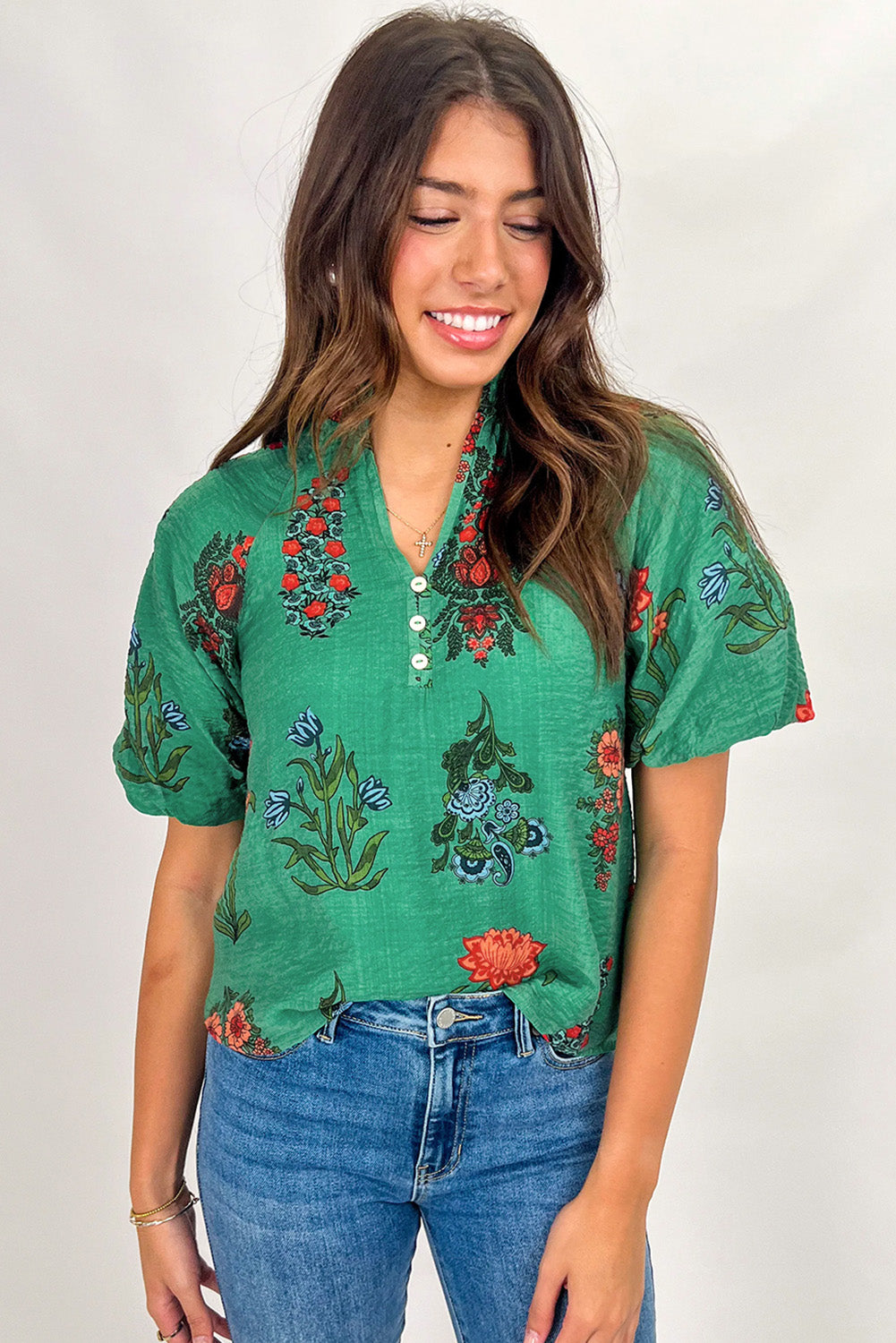 Bright Green Floral Print Buttoned V Neck Short Sleeve Blouse-Tops/Blouses & Shirts-[Adult]-[Female]-2022 Online Blue Zone Planet