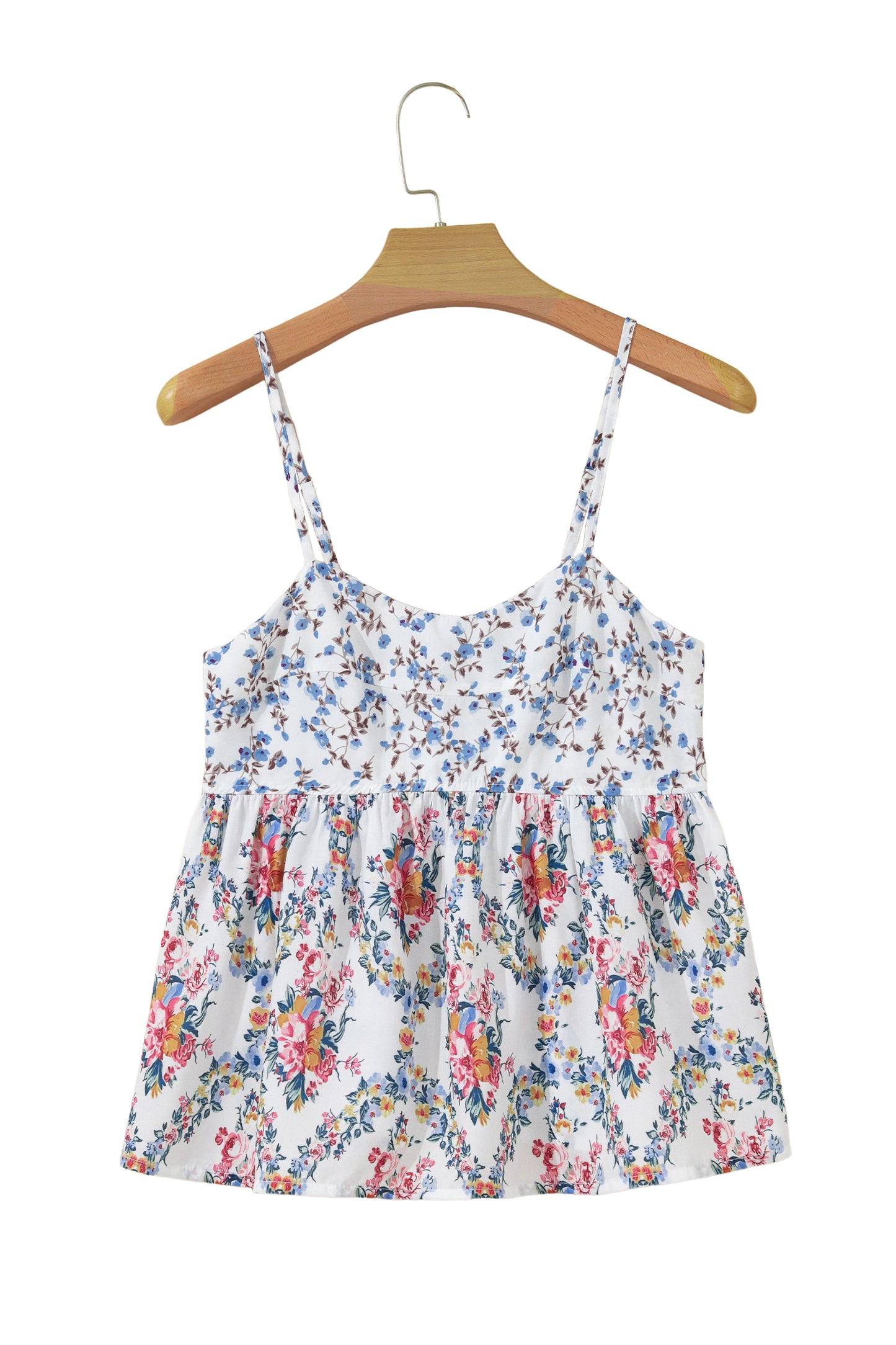 White Contrast Floral Printed Patchwork Spaghetti Straps Babydoll Top-Tops/Tank Tops-[Adult]-[Female]-2022 Online Blue Zone Planet