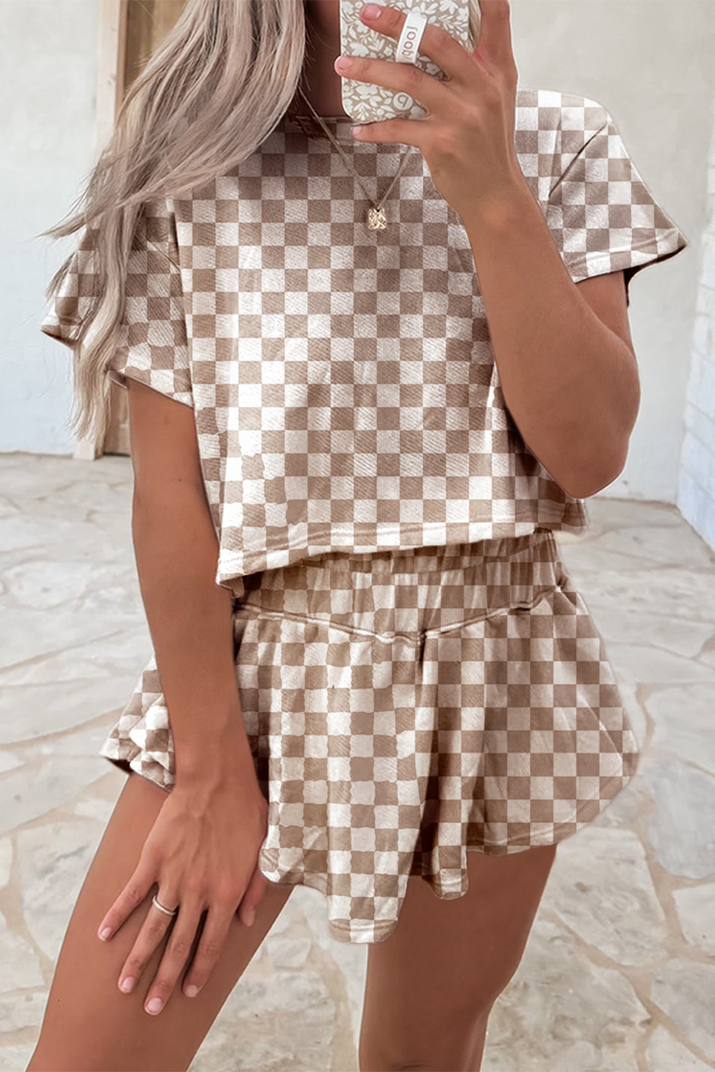 Brown Checkerboard T Shirt And High Waist Skorts 2 Piece Outfit-Two Piece Sets/Short Sets-[Adult]-[Female]-Brown-S-2022 Online Blue Zone Planet