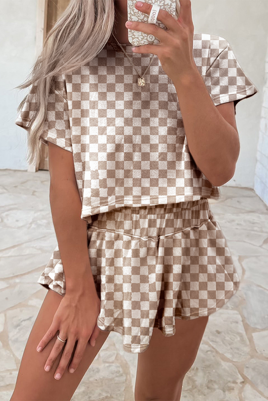 Brown Checkerboard T Shirt And High Waist Skorts 2 Piece Outfit-Two Piece Sets/Short Sets-[Adult]-[Female]-Brown-S-2022 Online Blue Zone Planet