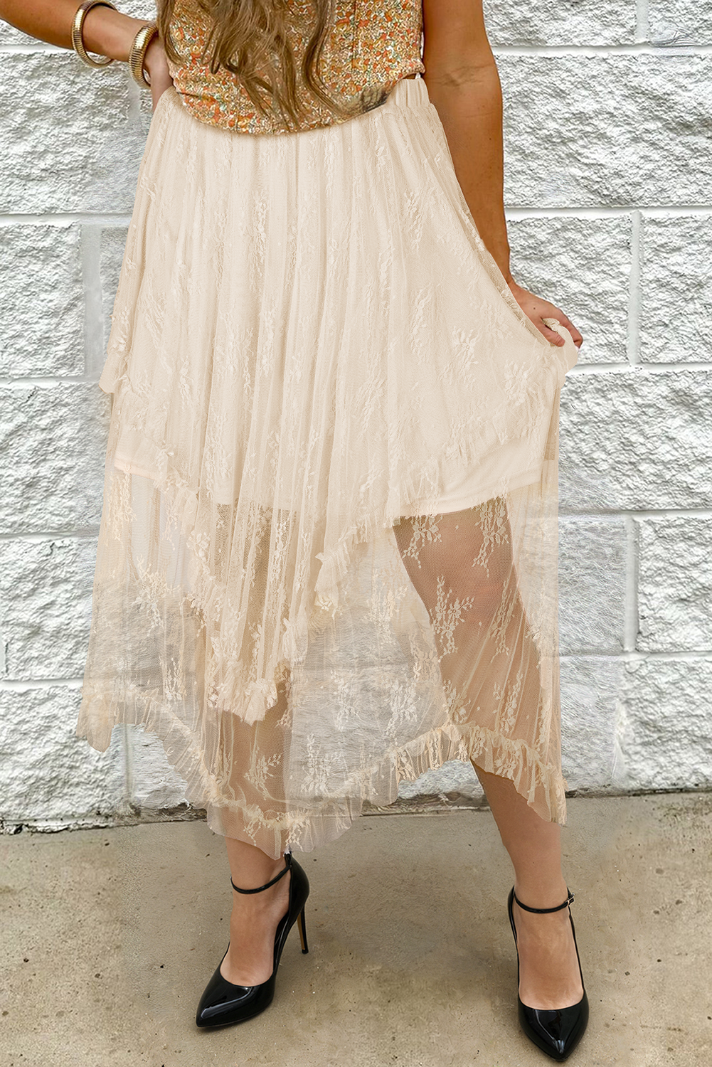 Apricot Lace Cascading Tiered High Waist Maxi Skirt-Bottoms/Skirts & Petticoat-[Adult]-[Female]-Apricot-S-2022 Online Blue Zone Planet