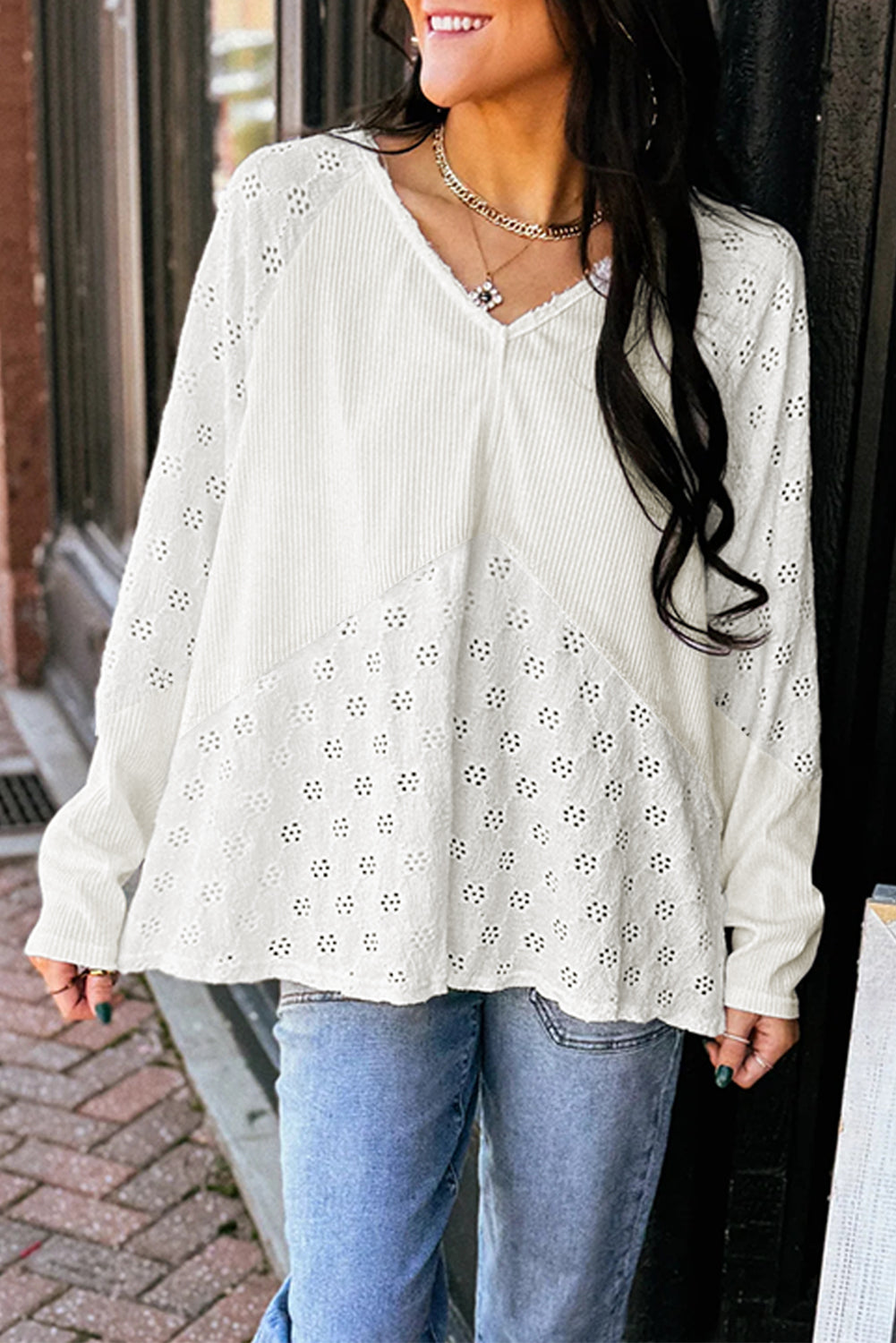 White Twisted Rib Patchwork Embroidered Loose V Neck Long Sleeve Top-Tops/Blouses & Shirts-[Adult]-[Female]-White-S-2022 Online Blue Zone Planet