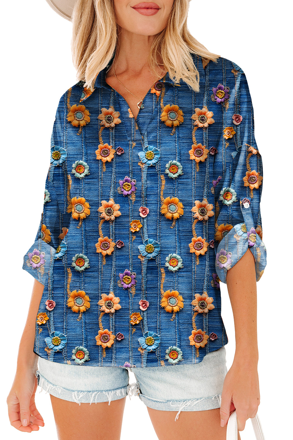 Blue Floral Collared V Neck Roll Up Sleeve Shift Blouse-Tops/Blouses & Shirts-[Adult]-[Female]-2022 Online Blue Zone Planet