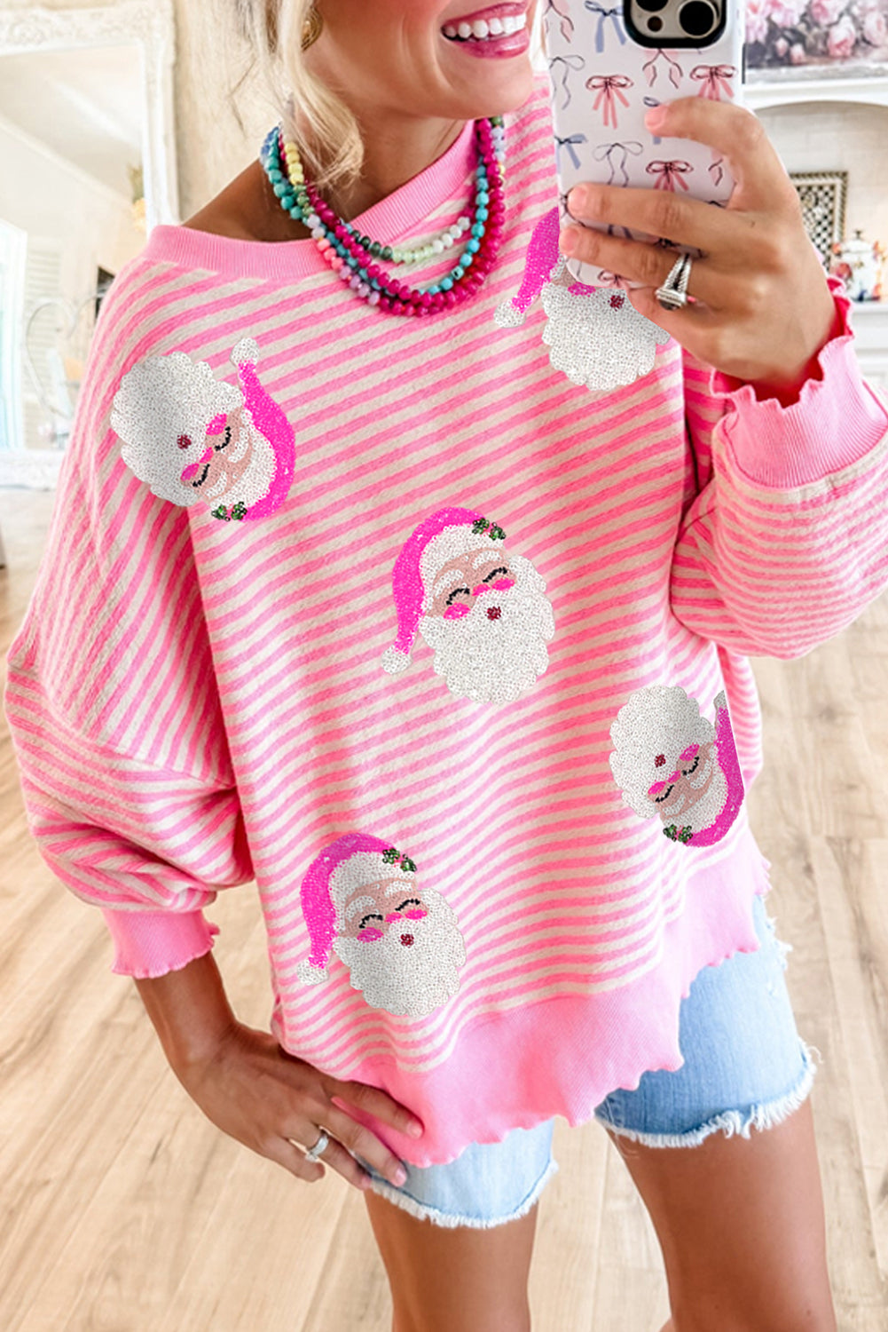 Pink Stripe Santa Clause Print Drop Shoulder Long Sleeve Loose Top-Graphic Tees-[Adult]-[Female]-2022 Online Blue Zone Planet