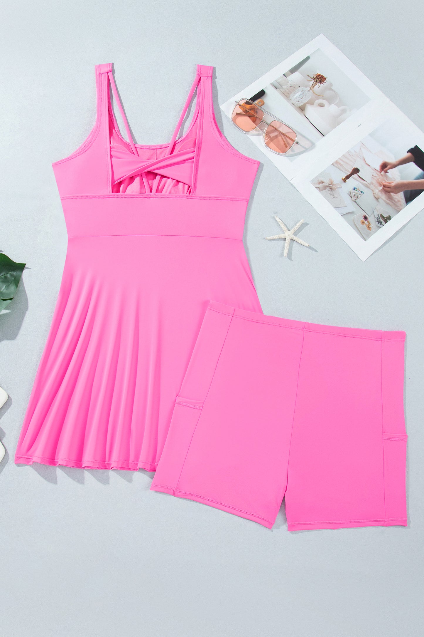 Bright Pink Twisted Strappy Back Active Mini Dress with Shorts-TOPS / DRESSES-[Adult]-[Female]-2022 Online Blue Zone Planet