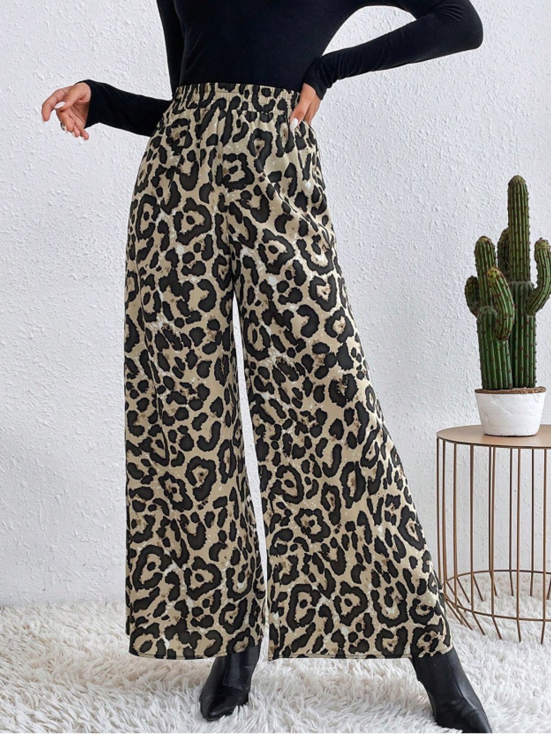 Printed Elastic Waist Wide Leg Pants-BOTTOM SIZES SMALL MEDIUM LARGE-[Adult]-[Female]-Khaki-S-2022 Online Blue Zone Planet