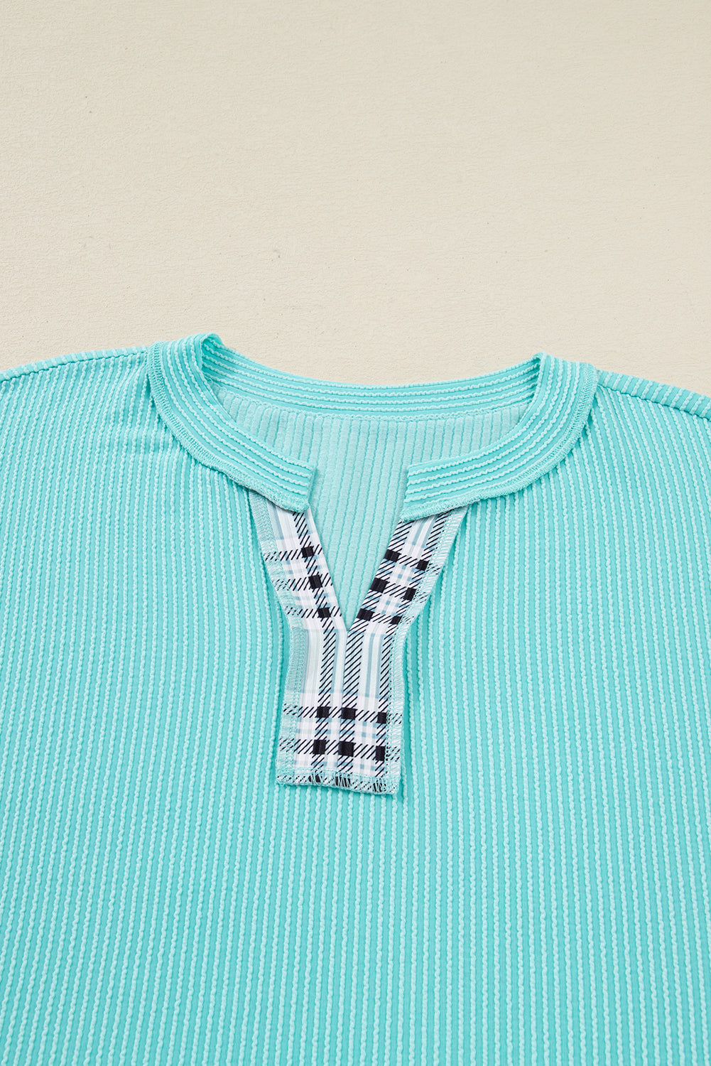 Aruba Blue Twist Ribbed Color Block Plaid Patchwork Plus Size Long Sleeve Top-Plus Size/Plus Size Tops/Plus Size Long Sleeve Tops-[Adult]-[Female]-2022 Online Blue Zone Planet