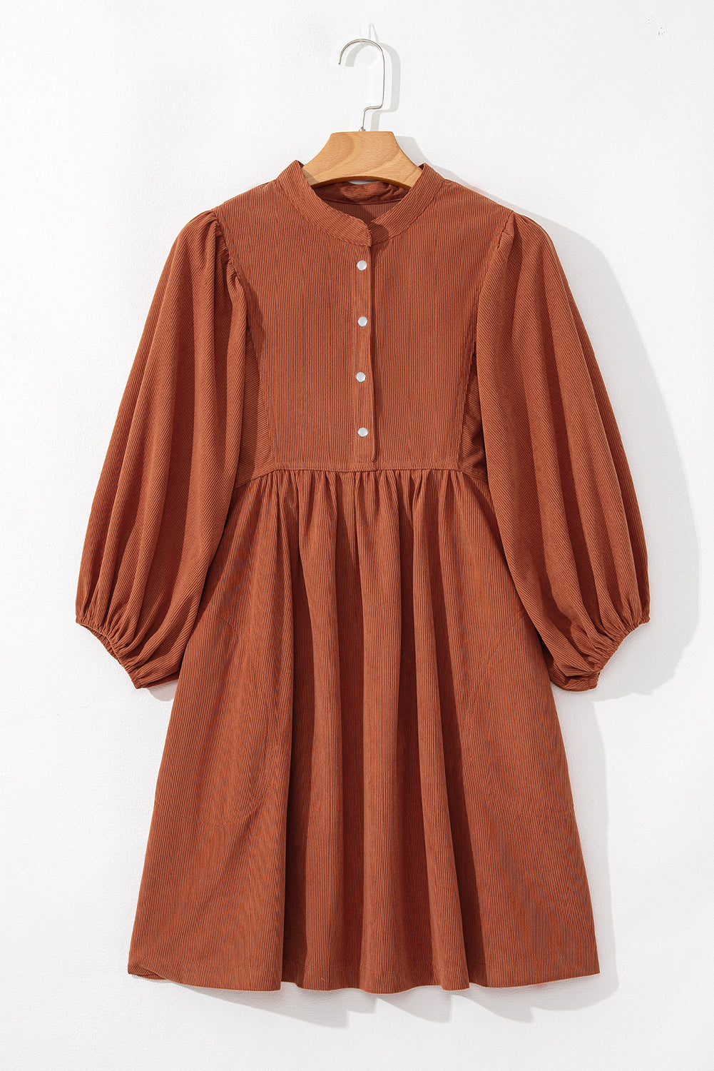 Corduroy Snap Buttons Empire Waist Bracelet Sleeve Dress - Sunny Angela Gold Flame / XL Corduroy Snap Buttons Empire Waist Bracelet Sleeve Dress - Sunny Angela Gold Flame / XL