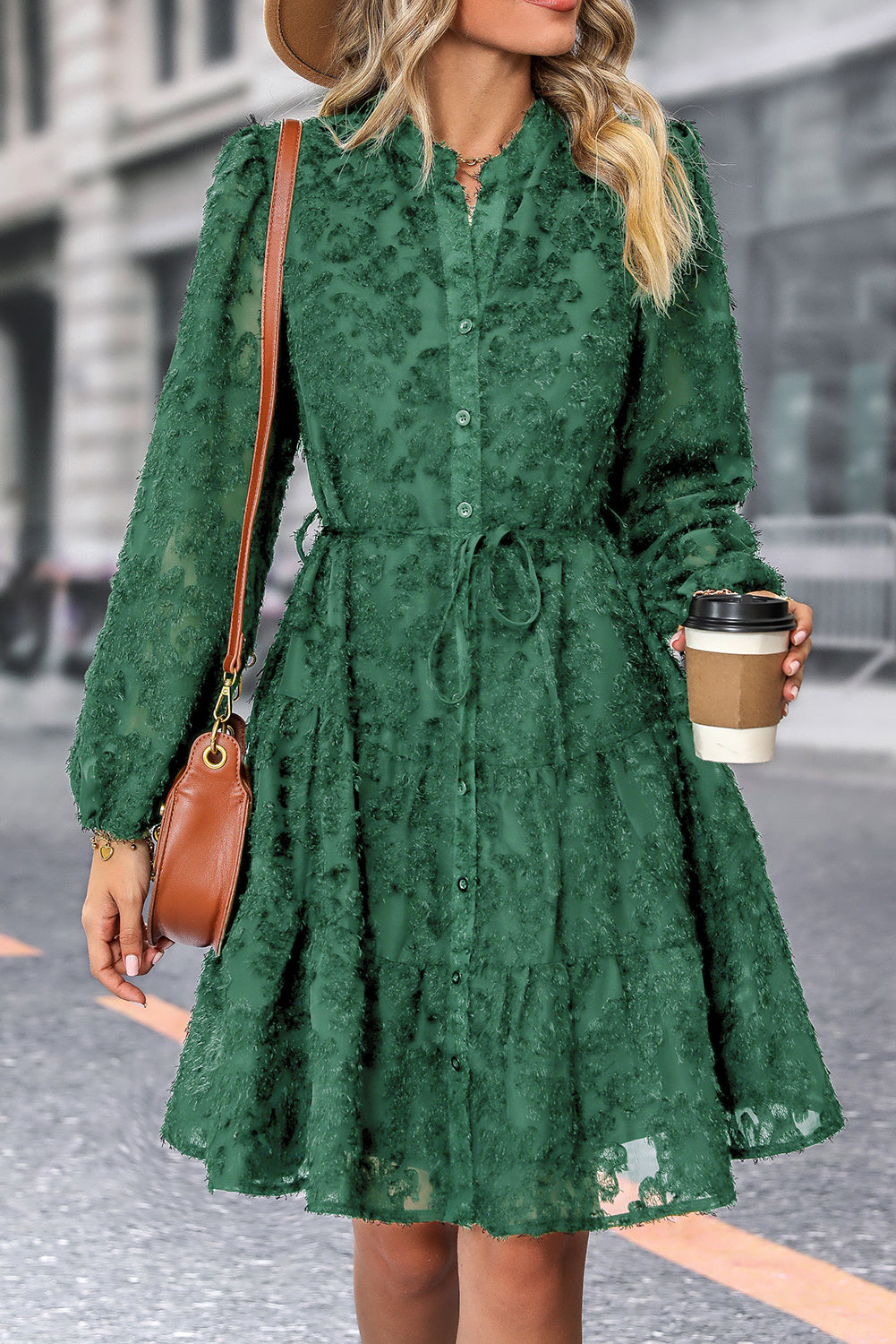 Blue Zone Planet | Dark Green Jacquard Long Sleeve Dress-TOPS / DRESSES-[Adult]-[Female]-2022 Online Blue Zone Planet