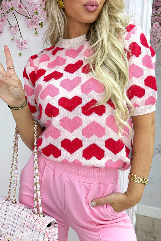 Sachet Pink 2-Tone Heart Print Valentine Crew Neck Short Sleeve Sweater-TOPS / DRESSES-[Adult]-[Female]-Sachet Pink-S-2022 Online Blue Zone Planet