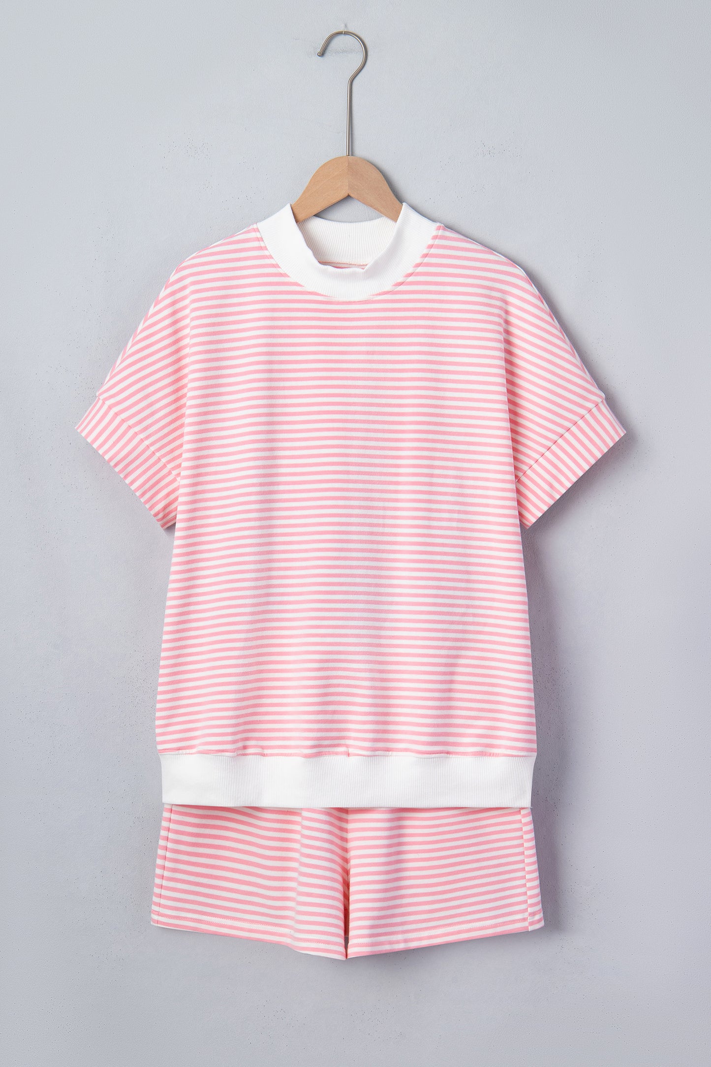 Pink Stripe Cuffed Sleeve Contrast Mock Neck Tee Casual 2pcs Short Set-Two Piece Sets/Short Sets-[Adult]-[Female]-2022 Online Blue Zone Planet