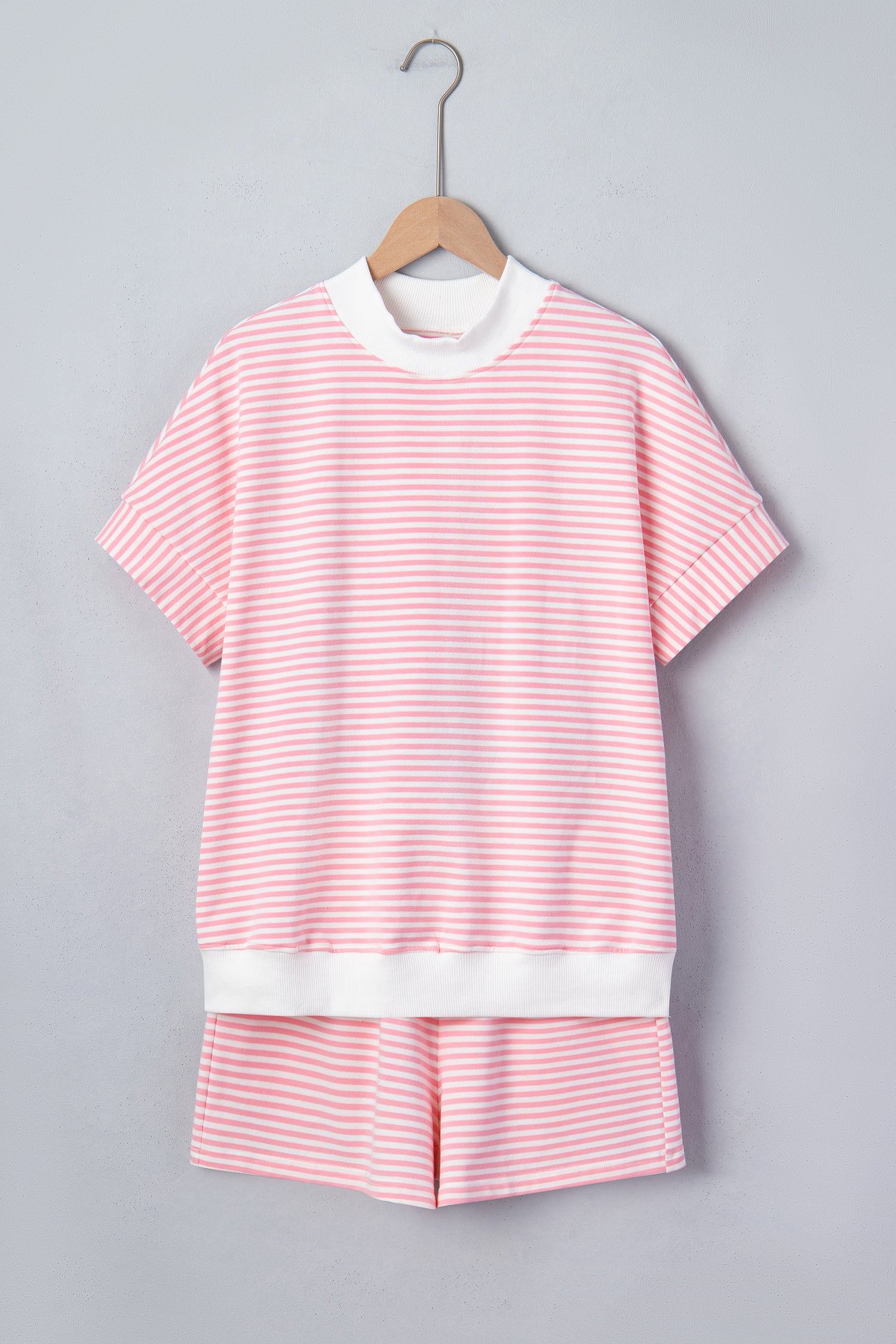 Pink Stripe Cuffed Sleeve Contrast Mock Neck Tee Casual 2pcs Short Set-Two Piece Sets/Short Sets-[Adult]-[Female]-2022 Online Blue Zone Planet