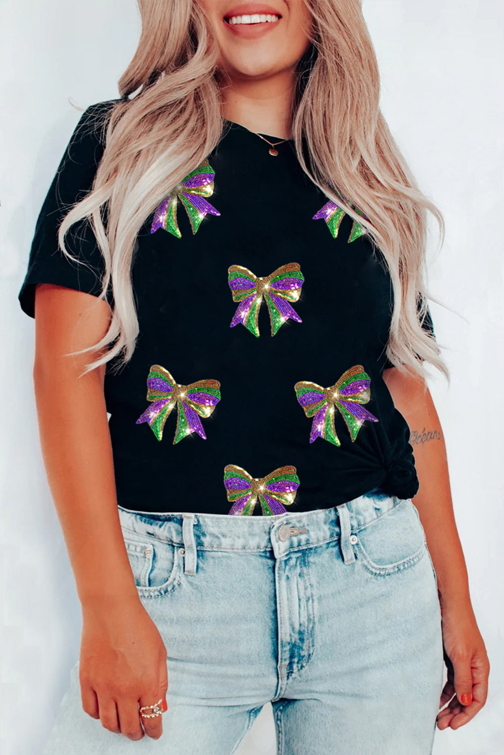 Black Sequin Mardi Gras Bow Graphic Crewneck Tee-Graphic/Graphic Tees-[Adult]-[Female]-2022 Online Blue Zone Planet