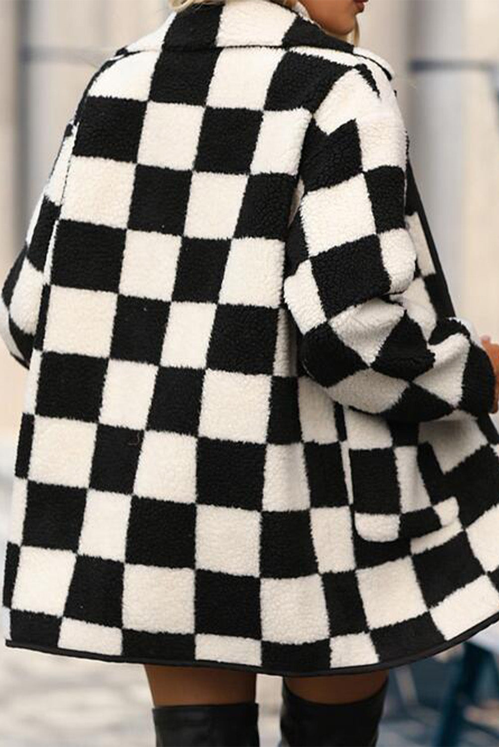 Black Checkered Side Pockets Collared Buttoned Fleece Jacket-Jackets-[Adult]-[Female]-2022 Online Blue Zone Planet