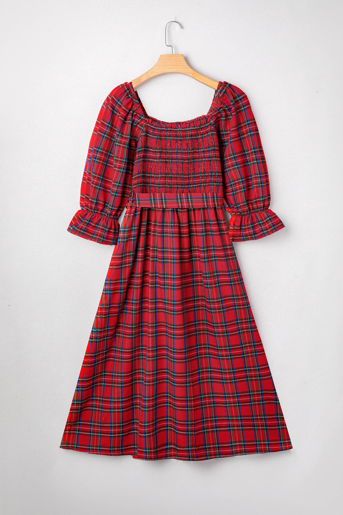Red Tartan Plaid Square Neck Puff Sleeve Knot Waist Flared Midi Dress-TOPS / DRESSES-[Adult]-[Female]-2022 Online Blue Zone Planet