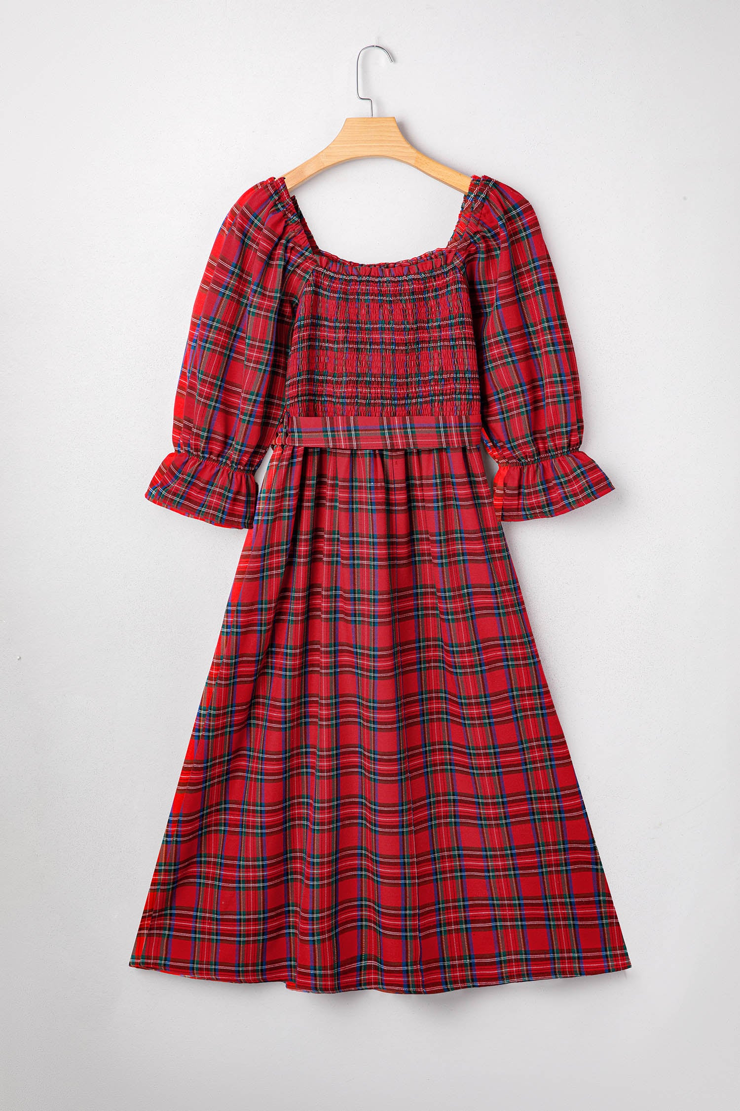 Red Tartan Plaid Square Neck Puff Sleeve Knot Waist Flared Midi Dress-TOPS / DRESSES-[Adult]-[Female]-2022 Online Blue Zone Planet