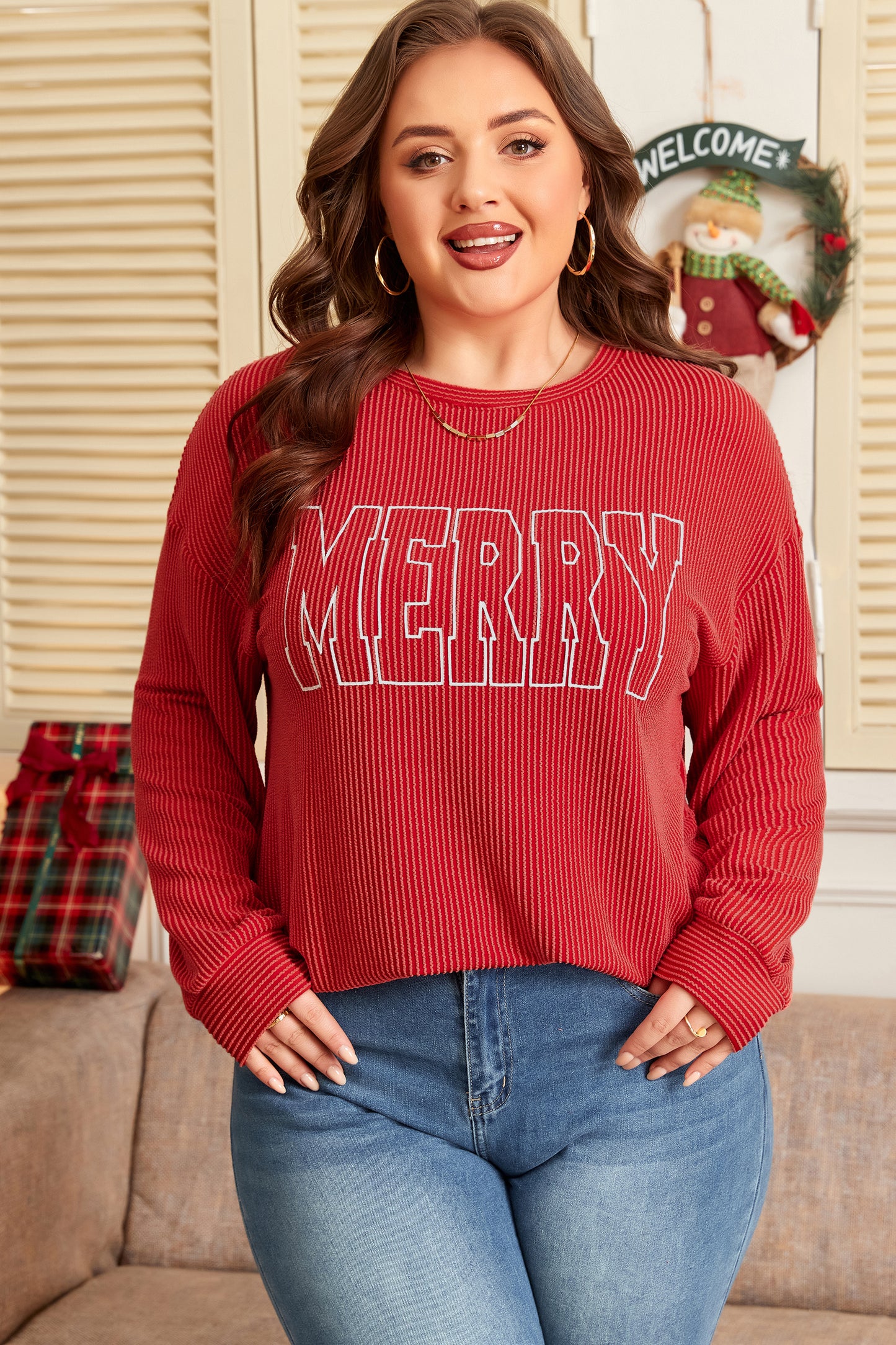 Fiery Red Twist Ribbed Merry Letter Graphic Plus Size Pullover-Plus Size/Plus Size Tops/Plus Size Long Sleeve Tops-[Adult]-[Female]-2022 Online Blue Zone Planet