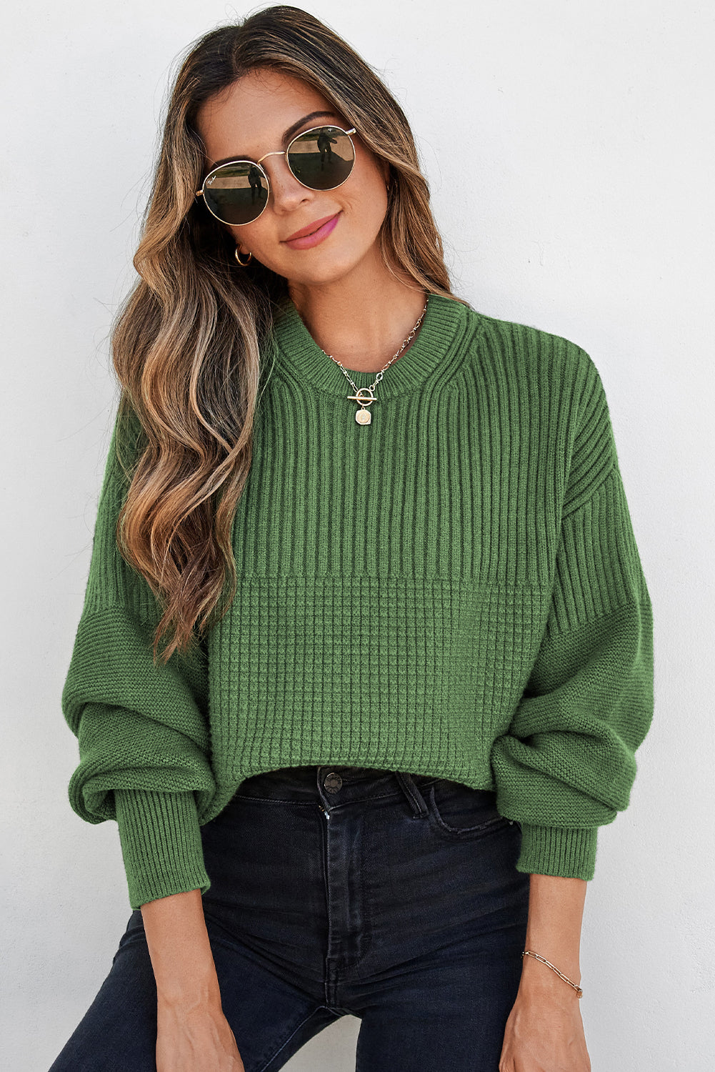 Vineyard Green Solid Color Mixed Textured Knitted Crew Neck Sweater-Sweaters & Cardigans/Sweaters-[Adult]-[Female]-2022 Online Blue Zone Planet