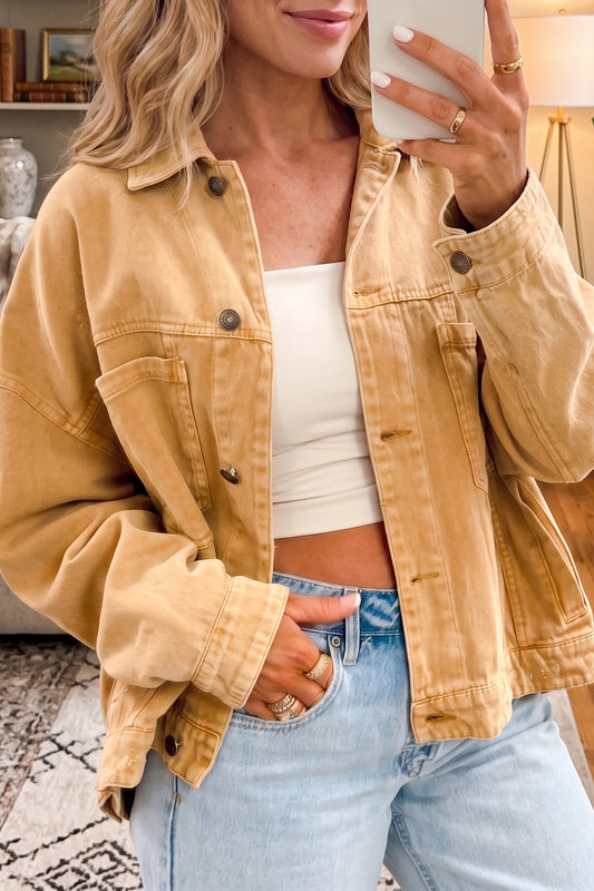 honey gold Metal Button Front Long Sleeve Collar Denim Jacket-Outerwear/Denim jackets-[Adult]-[Female]-honey gold-S-2022 Online Blue Zone Planet
