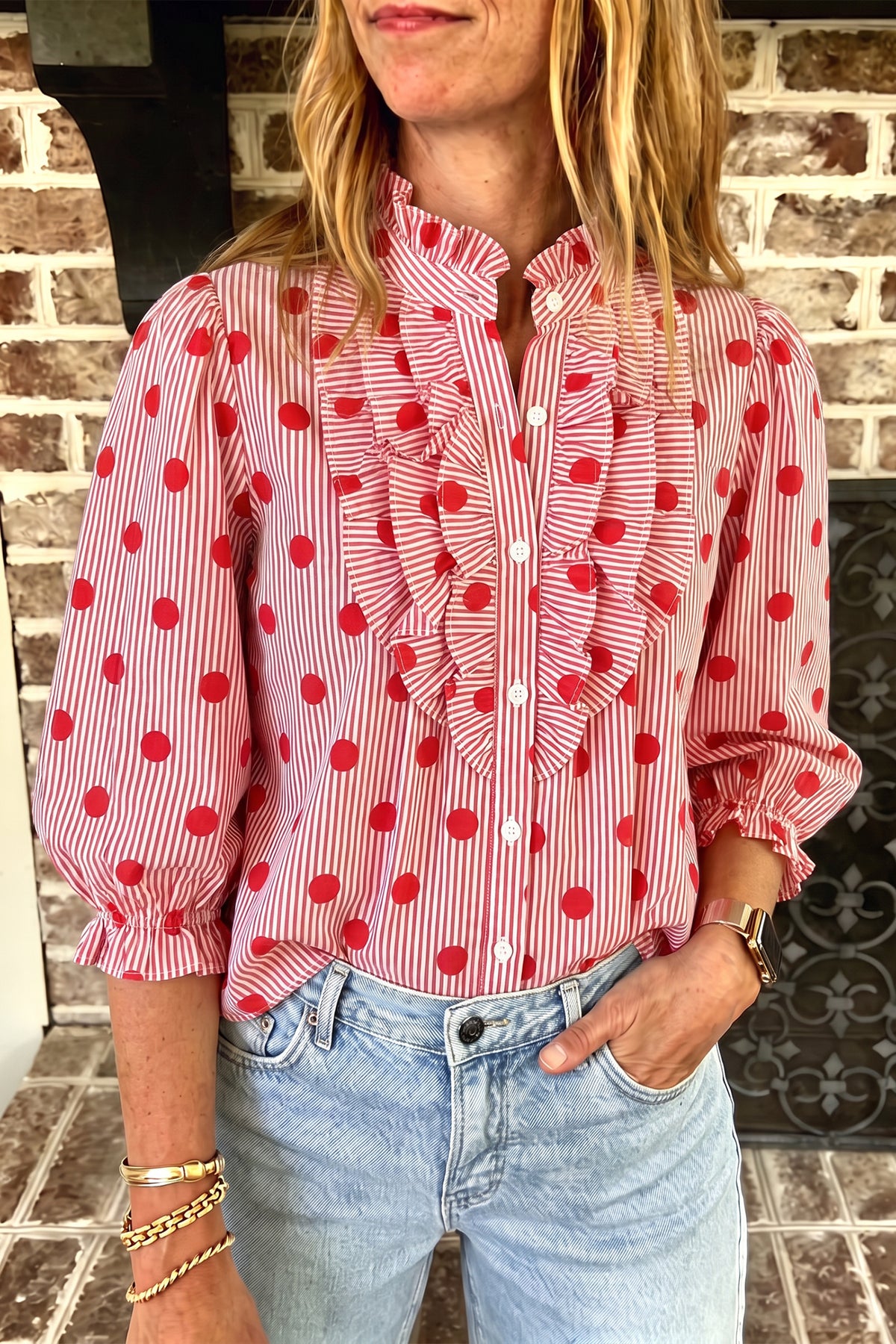 Fiery Red Polka Dot Striped Print Ruffle Stand Neck 3/4 Sleeve Shift Shirt-Tops/Blouses & Shirts-[Adult]-[Female]-Fiery Red-S-2022 Online Blue Zone Planet