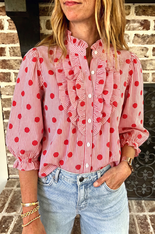 Fiery Red Polka Dot Striped Print Ruffle Stand Neck 3/4 Sleeve Shift Shirt-Tops/Blouses & Shirts-[Adult]-[Female]-Fiery Red-S-2022 Online Blue Zone Planet