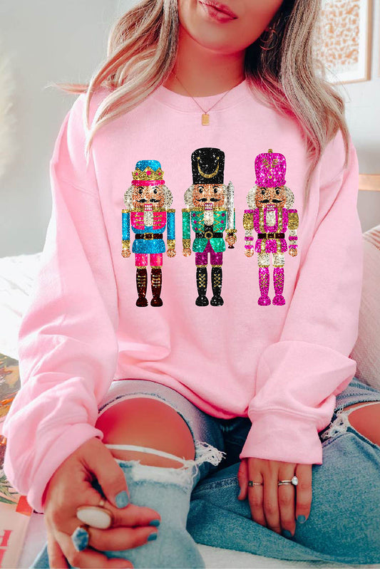 Pink Cute Nutcracker Printed Drop Shoulder Christmas Sweatshirt-Graphic/Graphic Sweatshirts-[Adult]-[Female]-Pink-S-2022 Online Blue Zone Planet