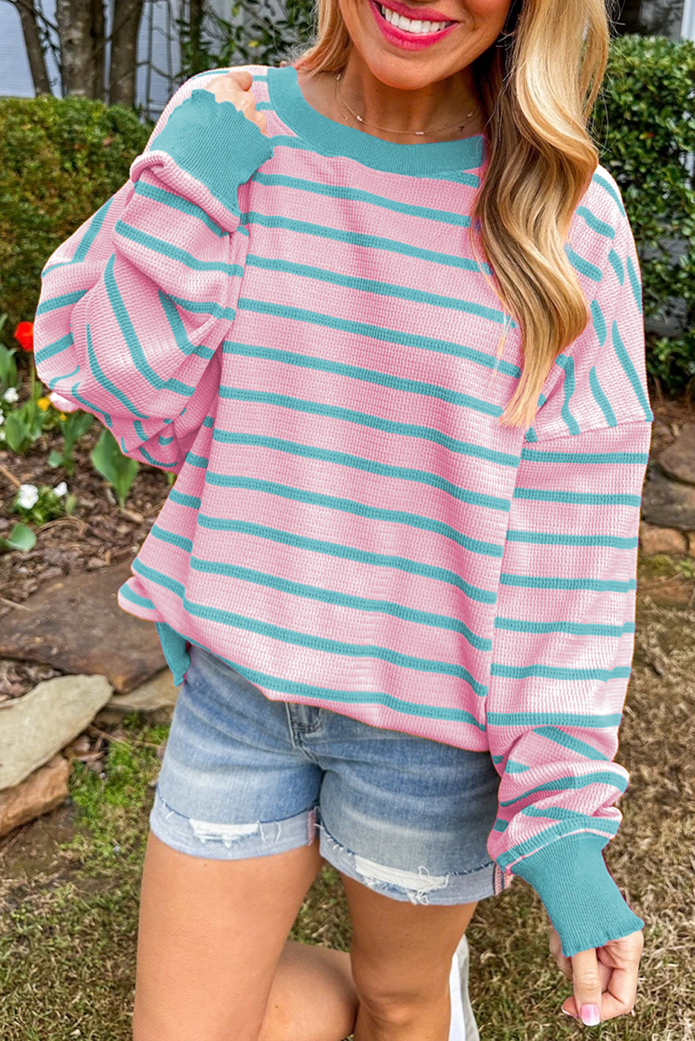 Blue Zone Planet | Sky Blue Stripe Trimmed Round Neck Drop Shoulder Loose Sweater-Sweaters & Cardigans/Sweaters-[Adult]-[Female]-Pink Stripe-S-2022 Online Blue Zone Planet