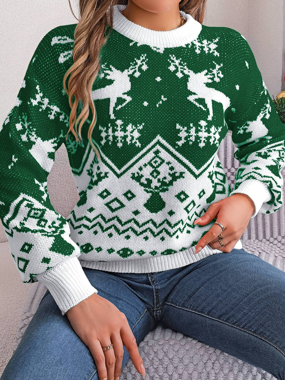 Christmas Element Round Neck Long Sleeve Sweater-TOPS / DRESSES-[Adult]-[Female]-Dark Green-S-2022 Online Blue Zone Planet