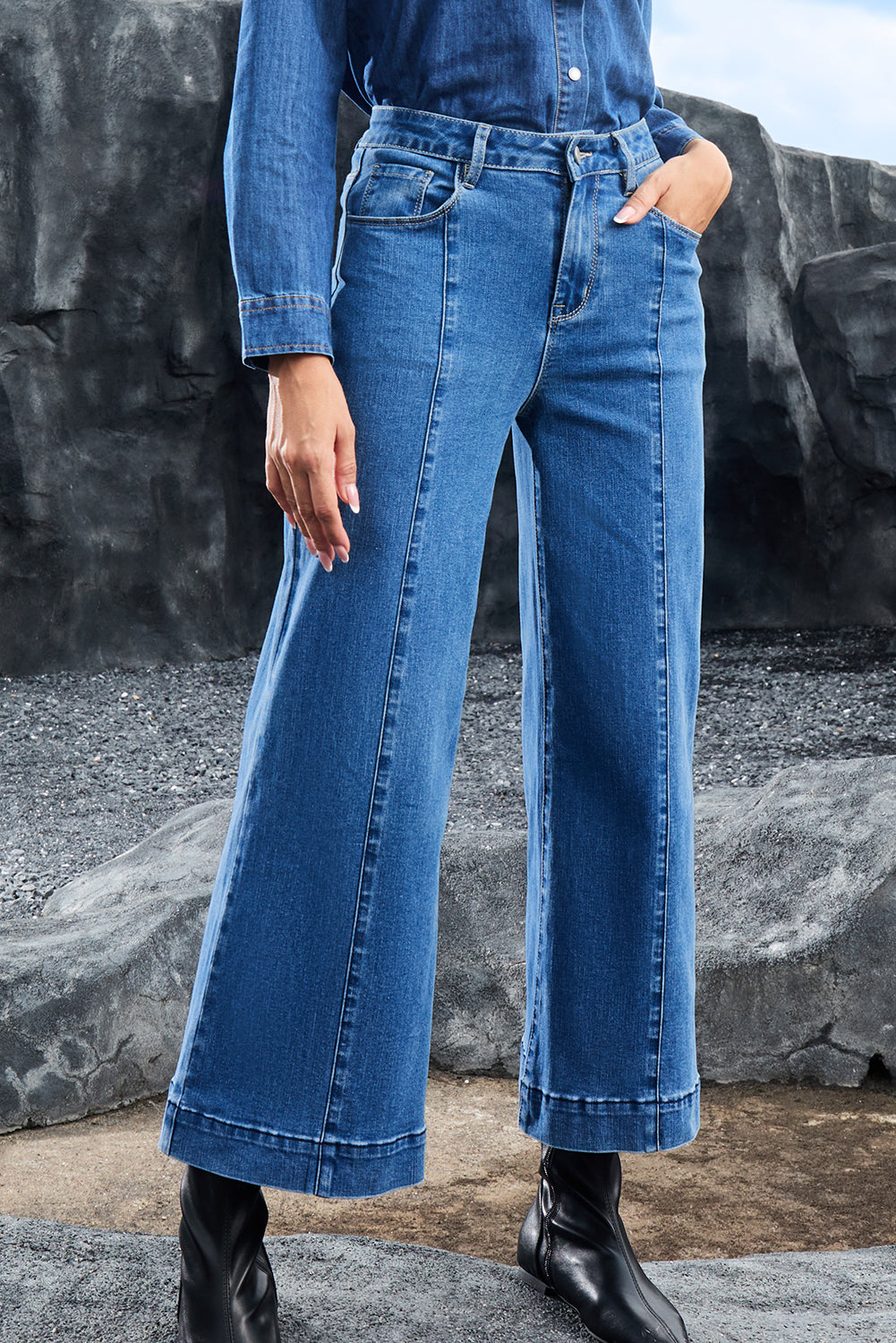 Dark Blue Plain Seam Detail Flared Bottom Ankle Length Jeans-Bottoms/Jeans-[Adult]-[Female]-2022 Online Blue Zone Planet