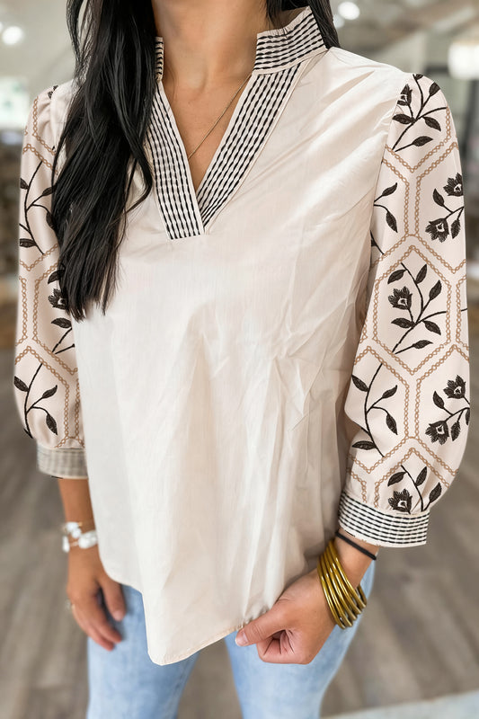 White Floral Puff Sleeve Contrast V Neck Patchwork Blouse-Tops/Blouses & Shirts-[Adult]-[Female]-White-S-2022 Online Blue Zone Planet