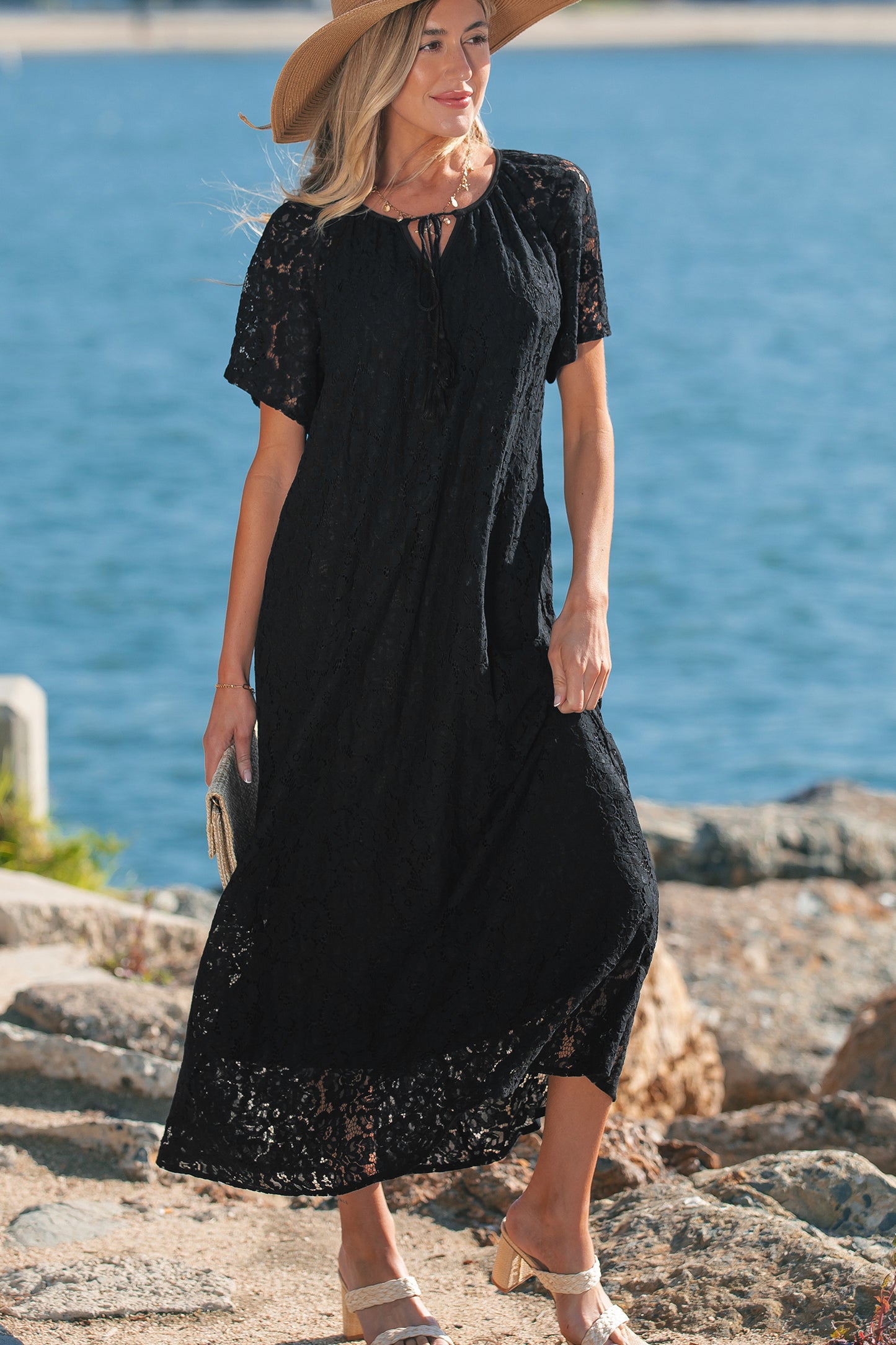 dresses for beach vacation online Black Floral Lace Overlay Tassel Tie Short Sleeve Beach Vacation Loose Maxi Dress Black / S / 80%Cotton+20%Polyamide by Blue Zone Planet