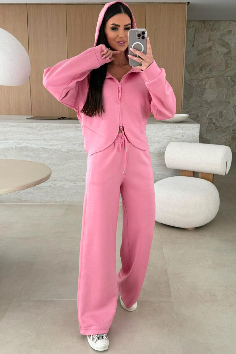 Pink Solid Color Zip Up Hoodie Drawstring Loose Pants Set-Tops / Dresses-[Adult]-[Female]-2022 Online Blue Zone Planet