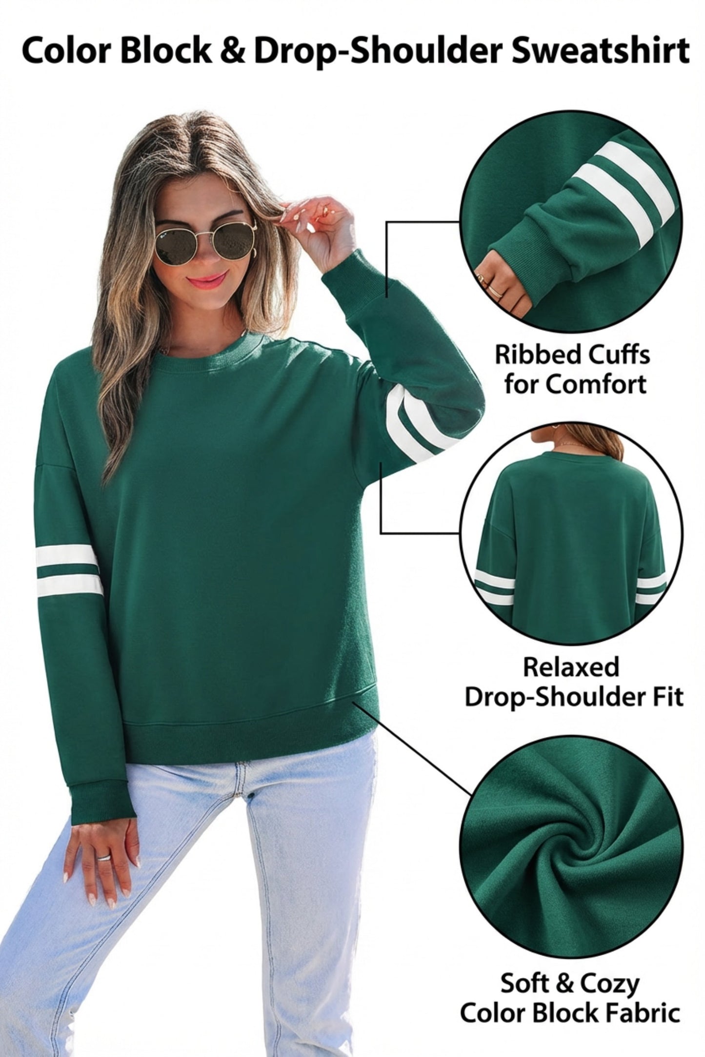 Evergreen Varsity Striped Detail Drop Shoulder Oversized Sweatshirt-Tops/Sweatshirts & Hoodies-[Adult]-[Female]-2022 Online Blue Zone Planet