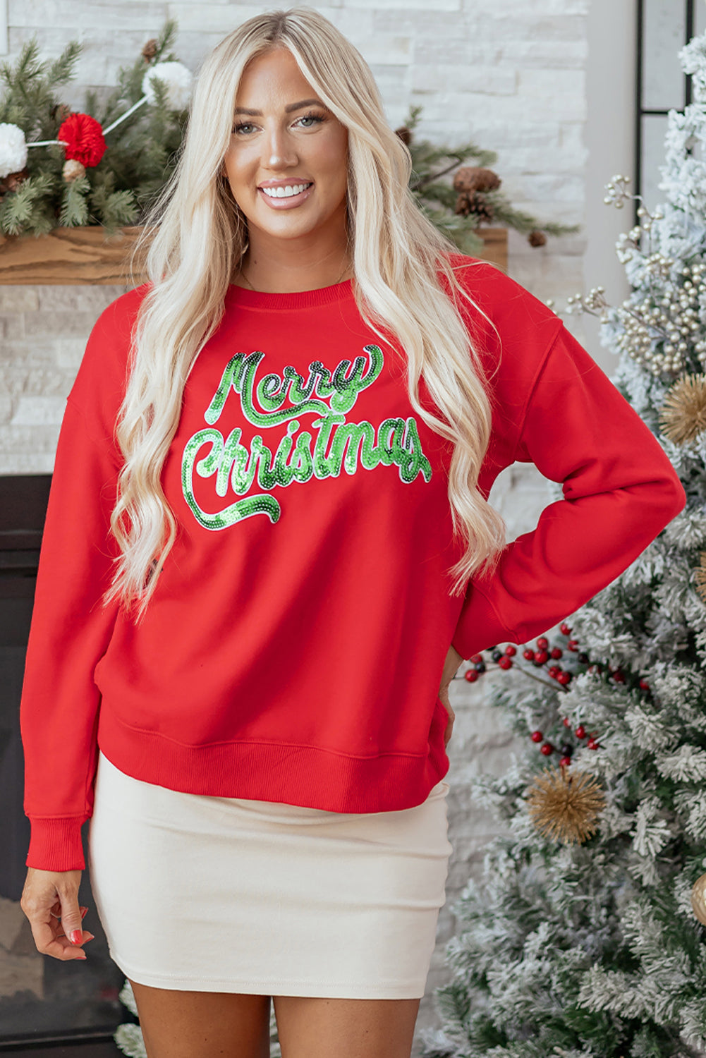 Blue Zone Planet | Red Merry Christmas Crewneck Drop Shoulder Loose Sweatshirt-Graphic/Graphic Sweatshirts-[Adult]-[Female]-2022 Online Blue Zone Planet